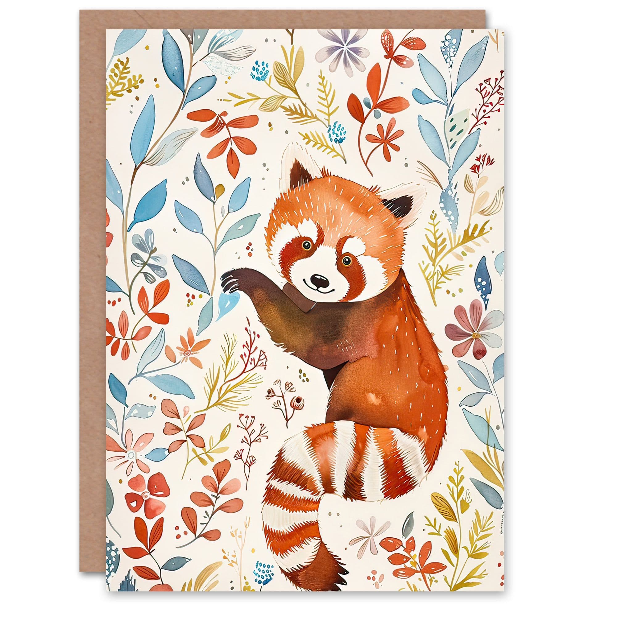 Greeting Card Cute Red Panda in Botanical Pastel Colour Pattern