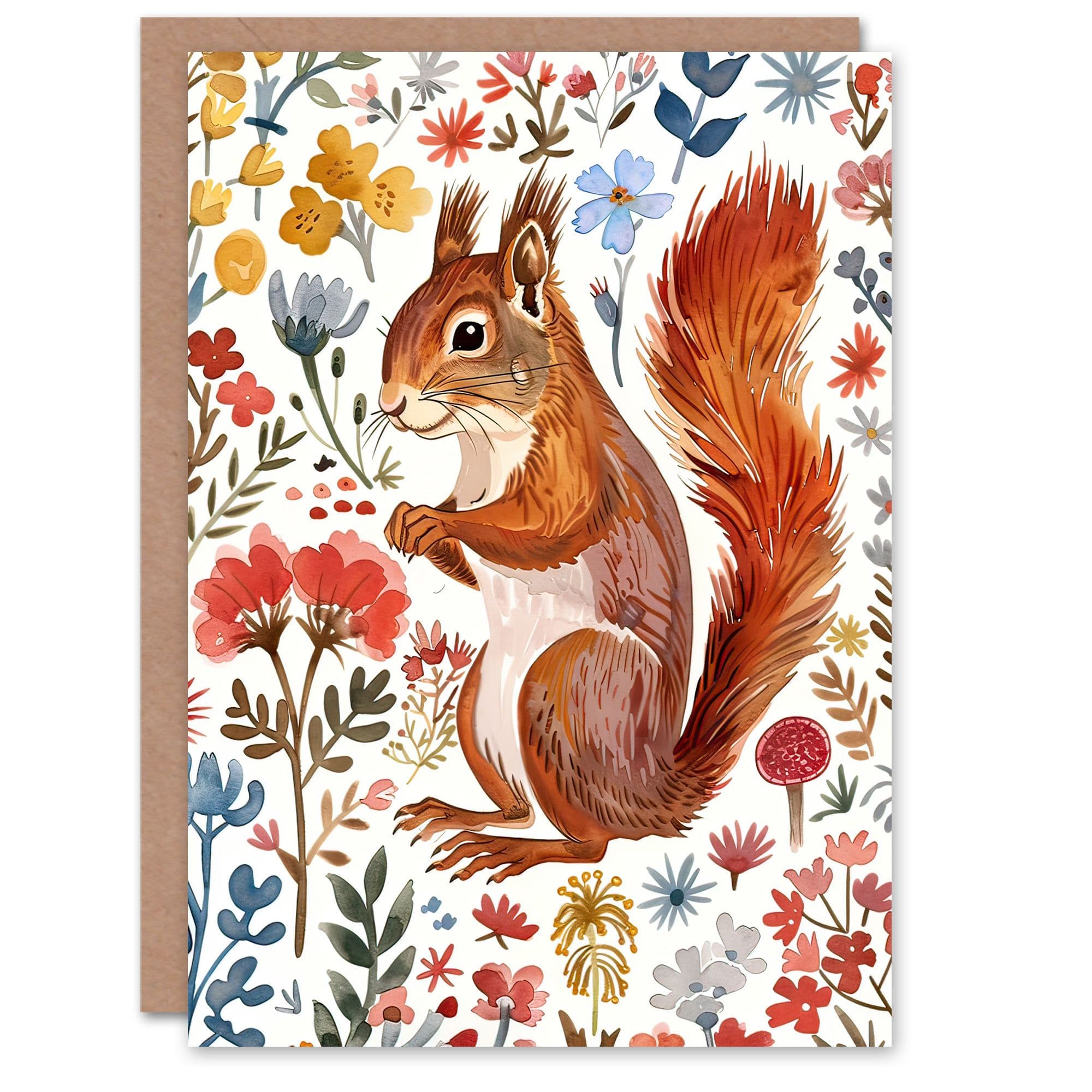 Greeting Card Cute Squirrel Bright Floral Watercolour Birthday
