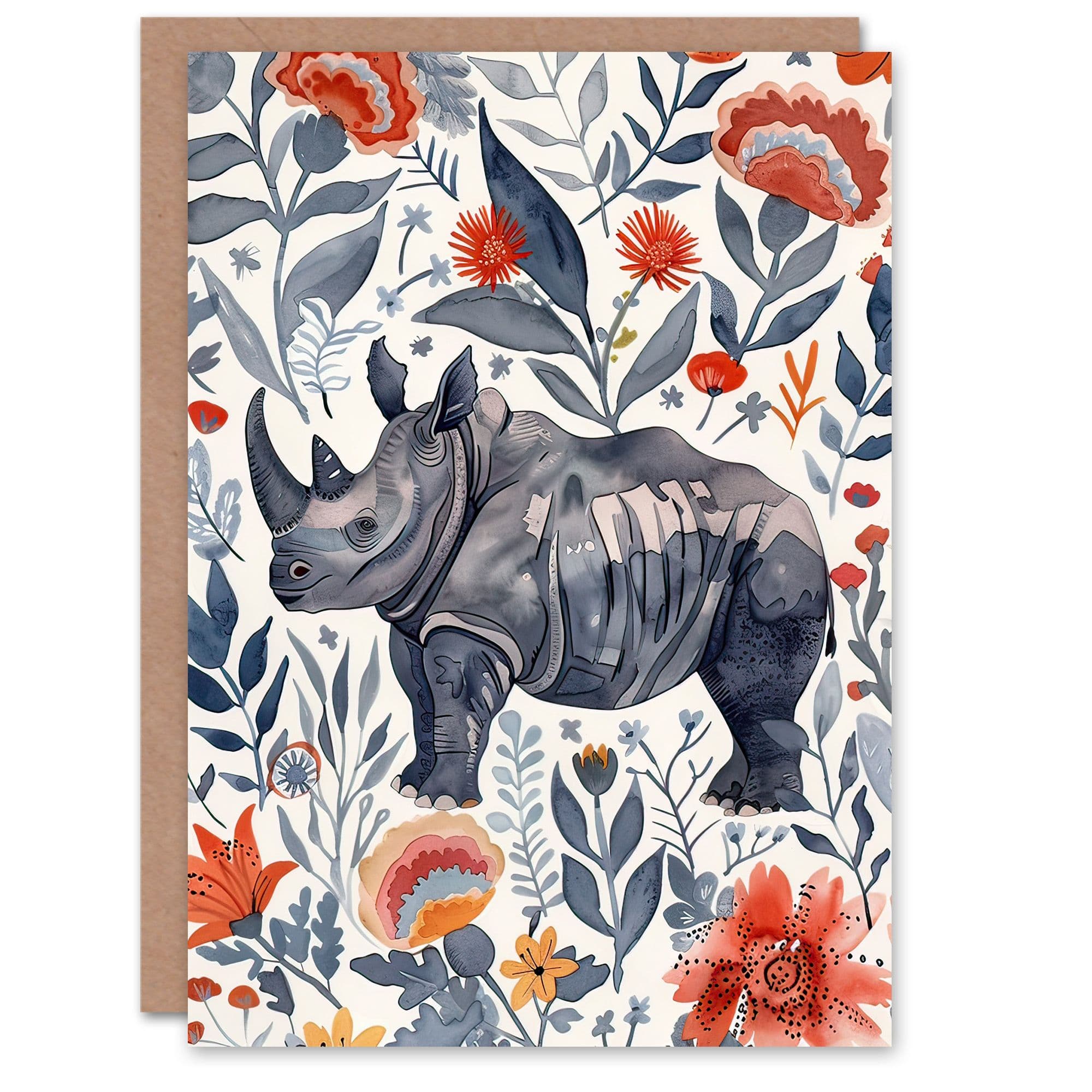 Greeting Card Rhinoceros Rhino Blue Red Floral Pattern Portrait