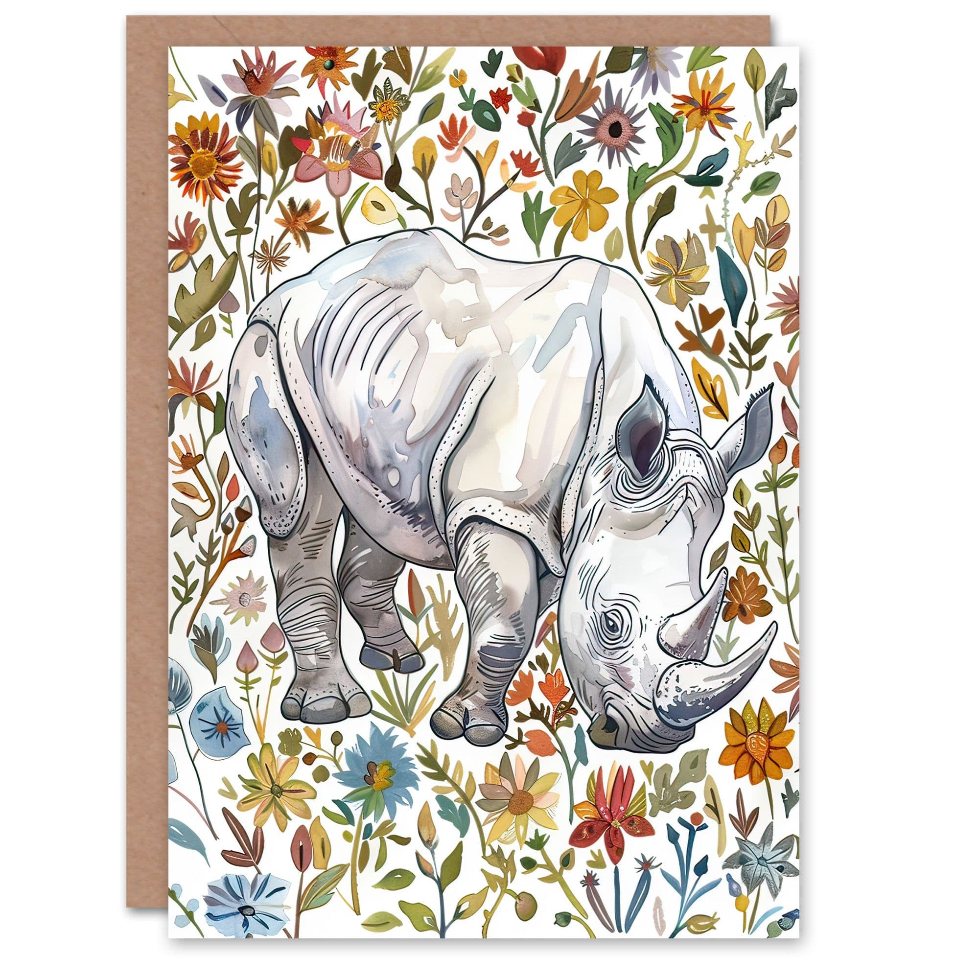 Greeting Card Rhinoceros Rhino in Wildflower Meadow Watercolour