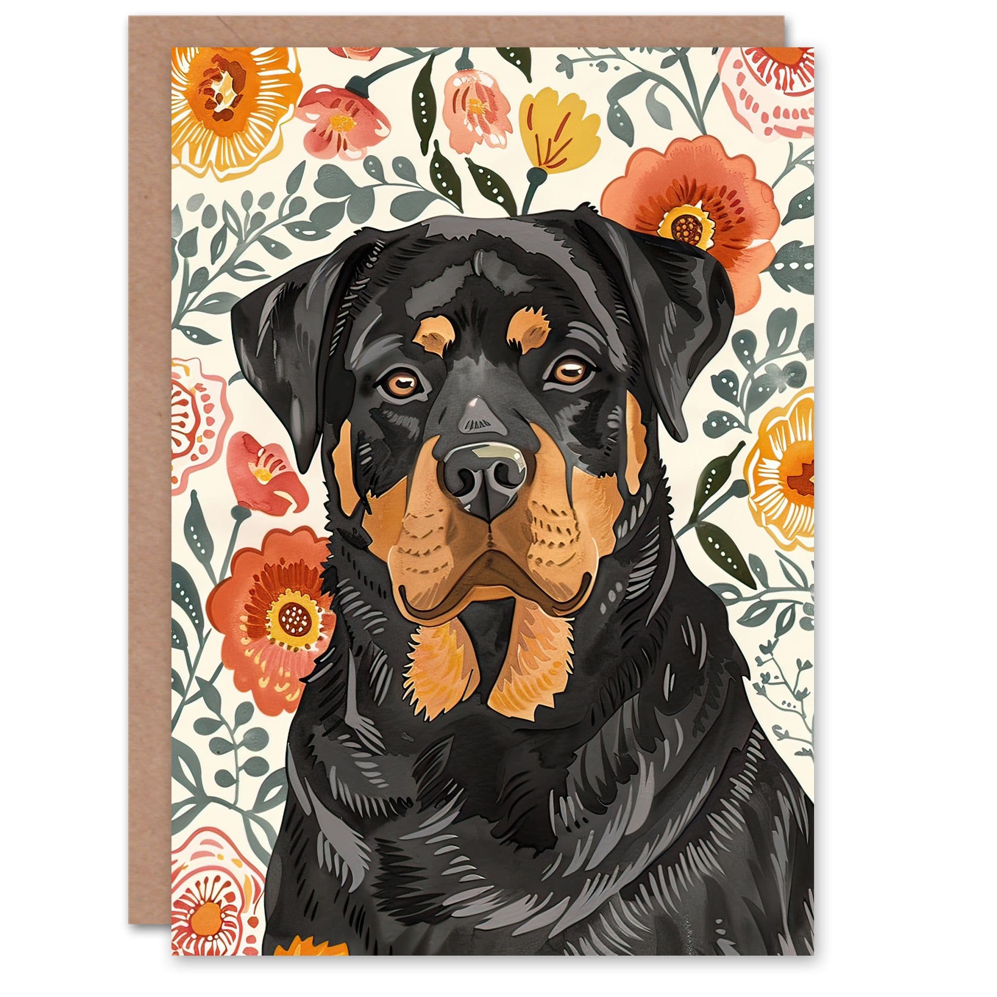 Greeting Card Rottweiler Dog Lover Bright Floral Pet Portrait Birthday