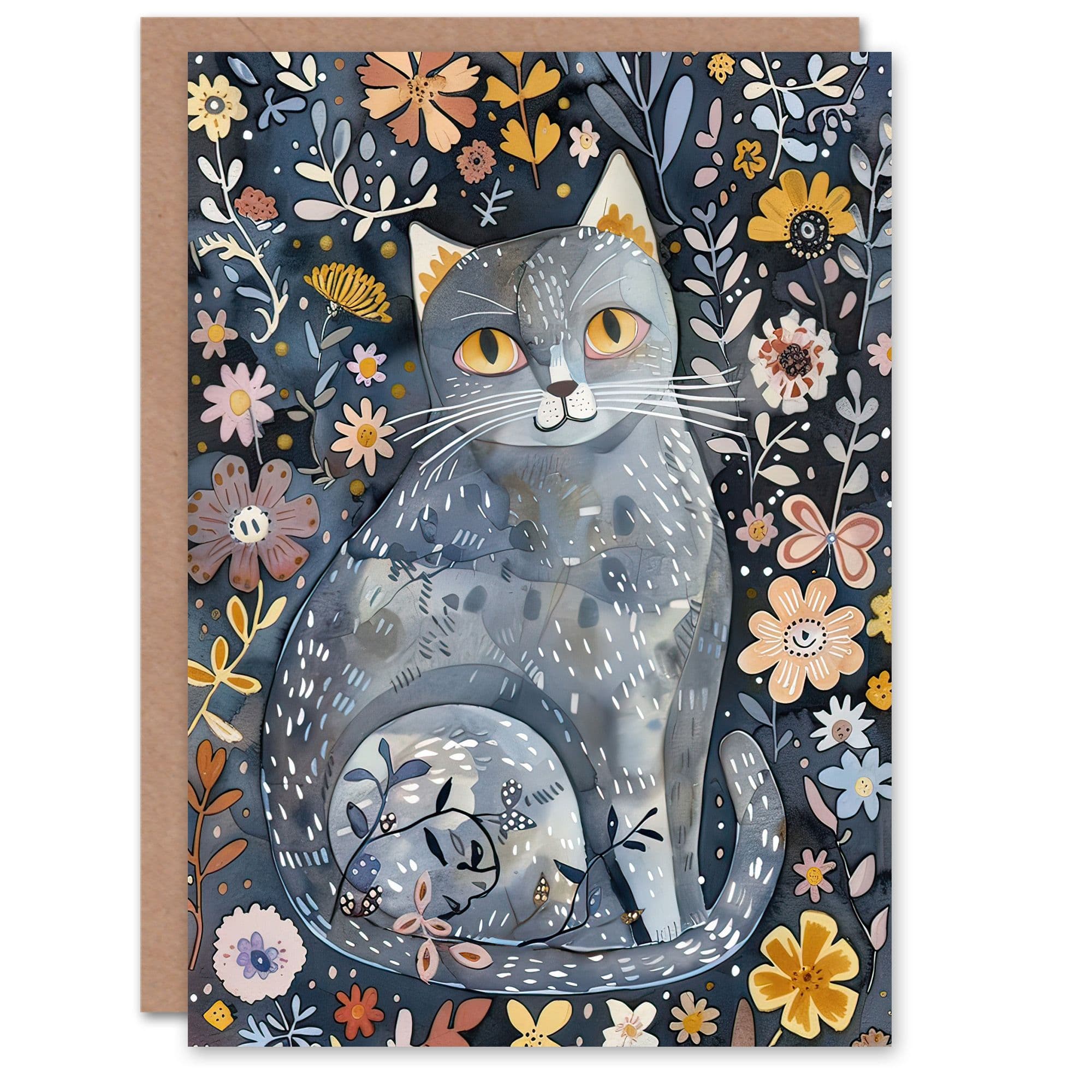 Greeting Card Enjoying Garden Flowers Russian Blue Cat Lover Birthday