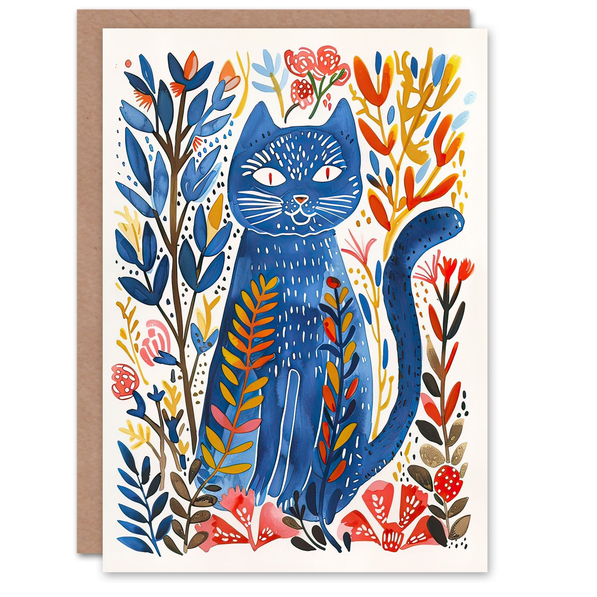 Greeting Card Russian Cat Lover Fun Botanical Folk Art Birthday