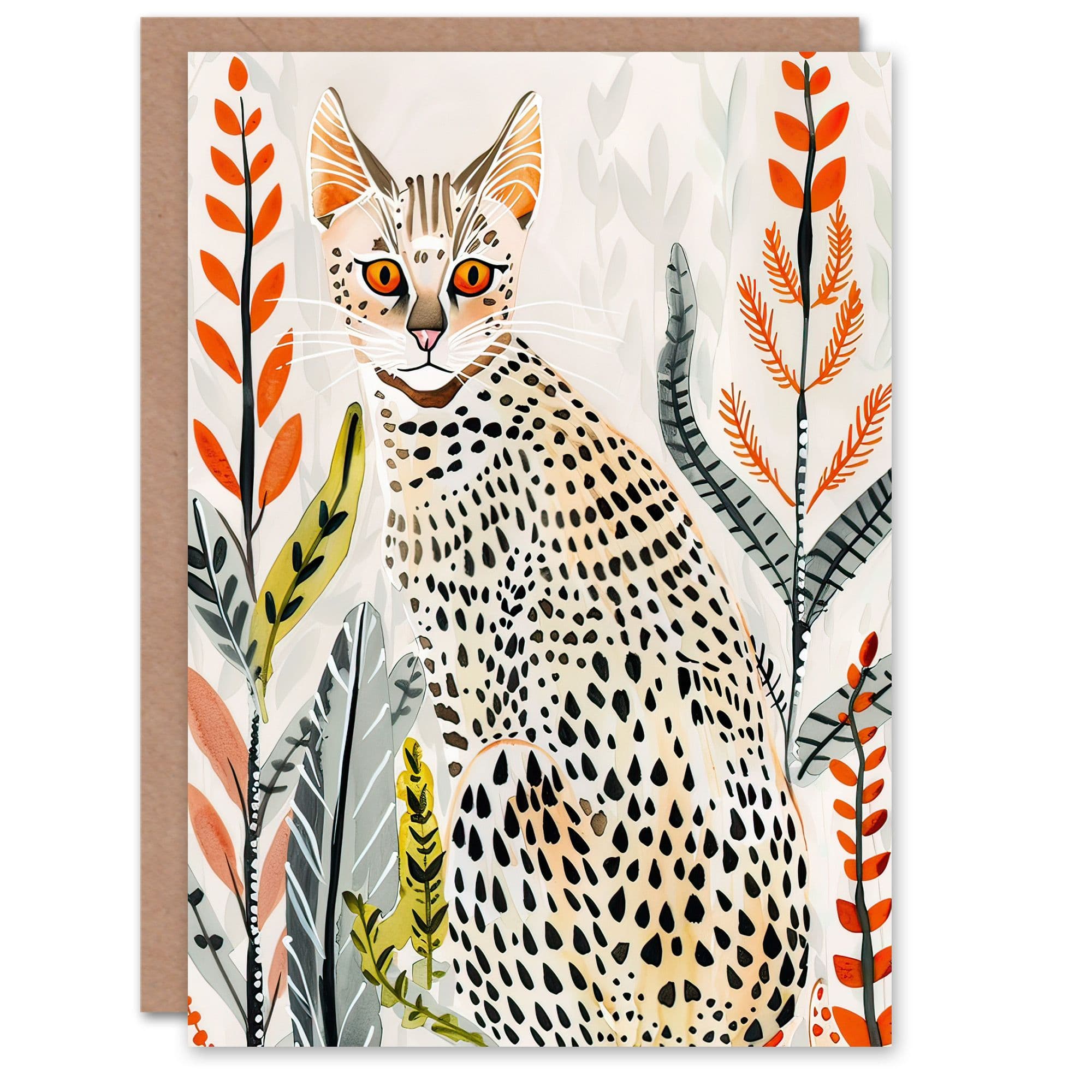 Greeting Card Savannah Cat Lover Boho Botanical Pet Portrait Birthday