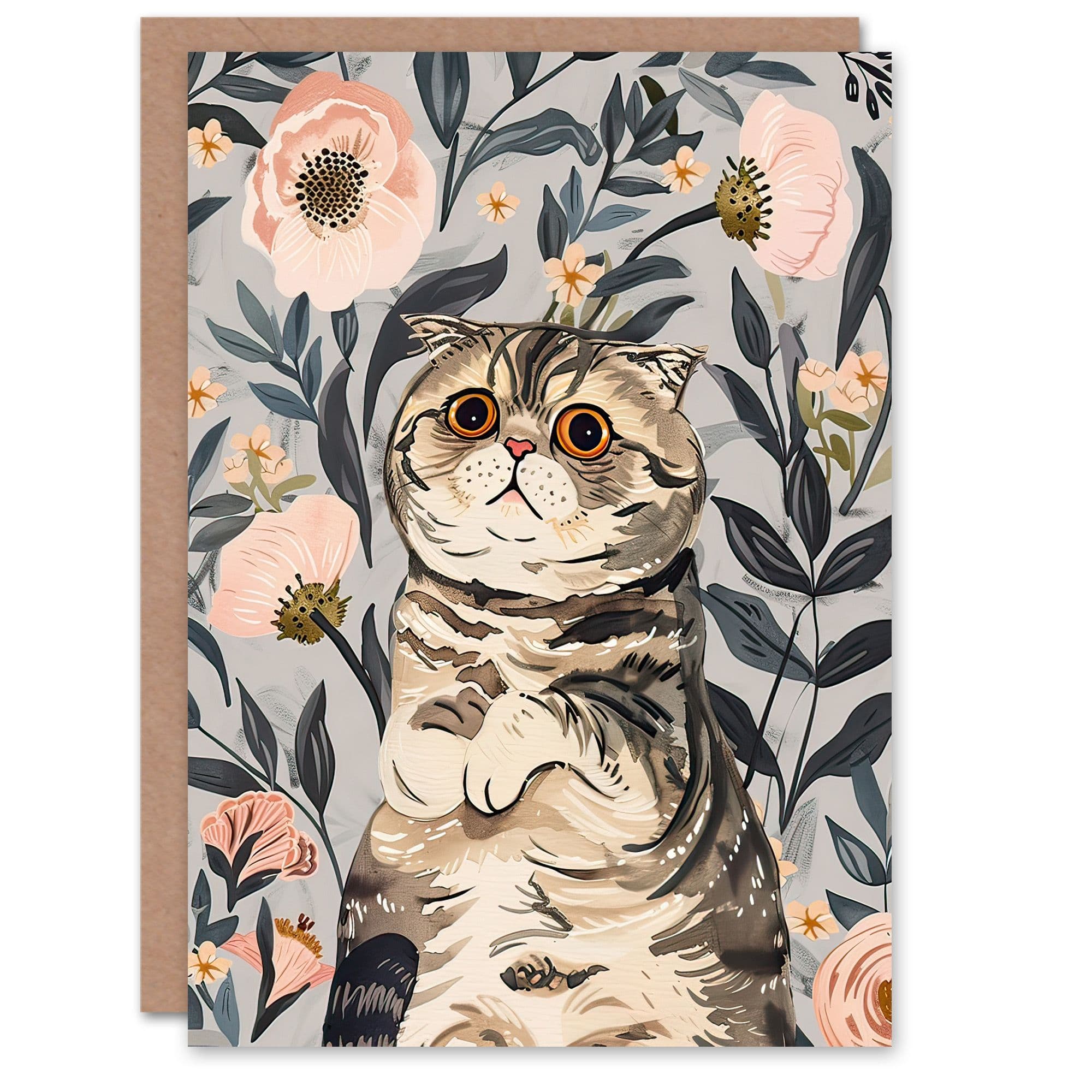 Greeting Card Cat Lover Cute Scottish Fold Poppies Get Well
