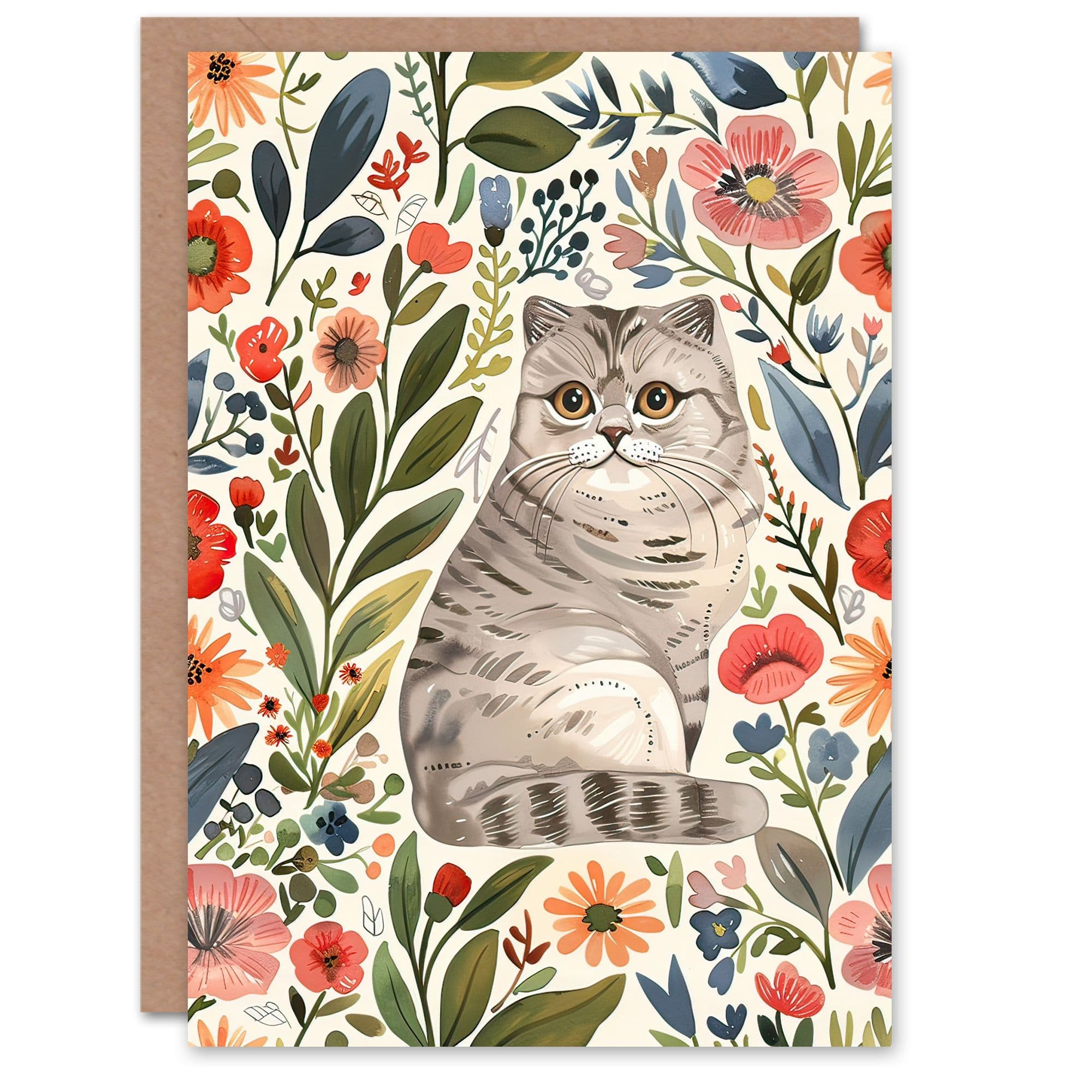 Greeting Card Scottish Fold Rustic Floral Pattern Cat Lover