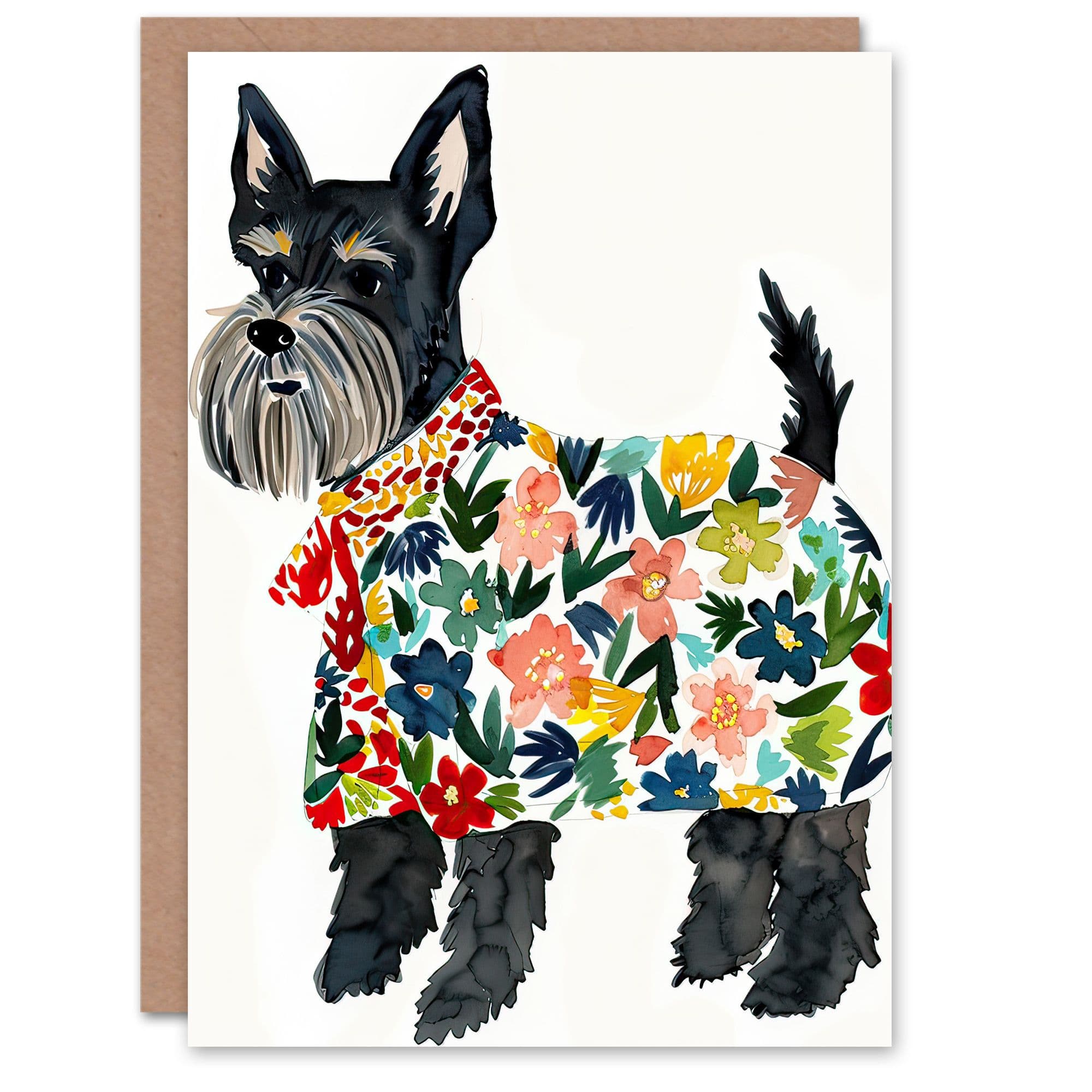 Greeting Card Scottish Terrier Floral Raincoat Watercolour