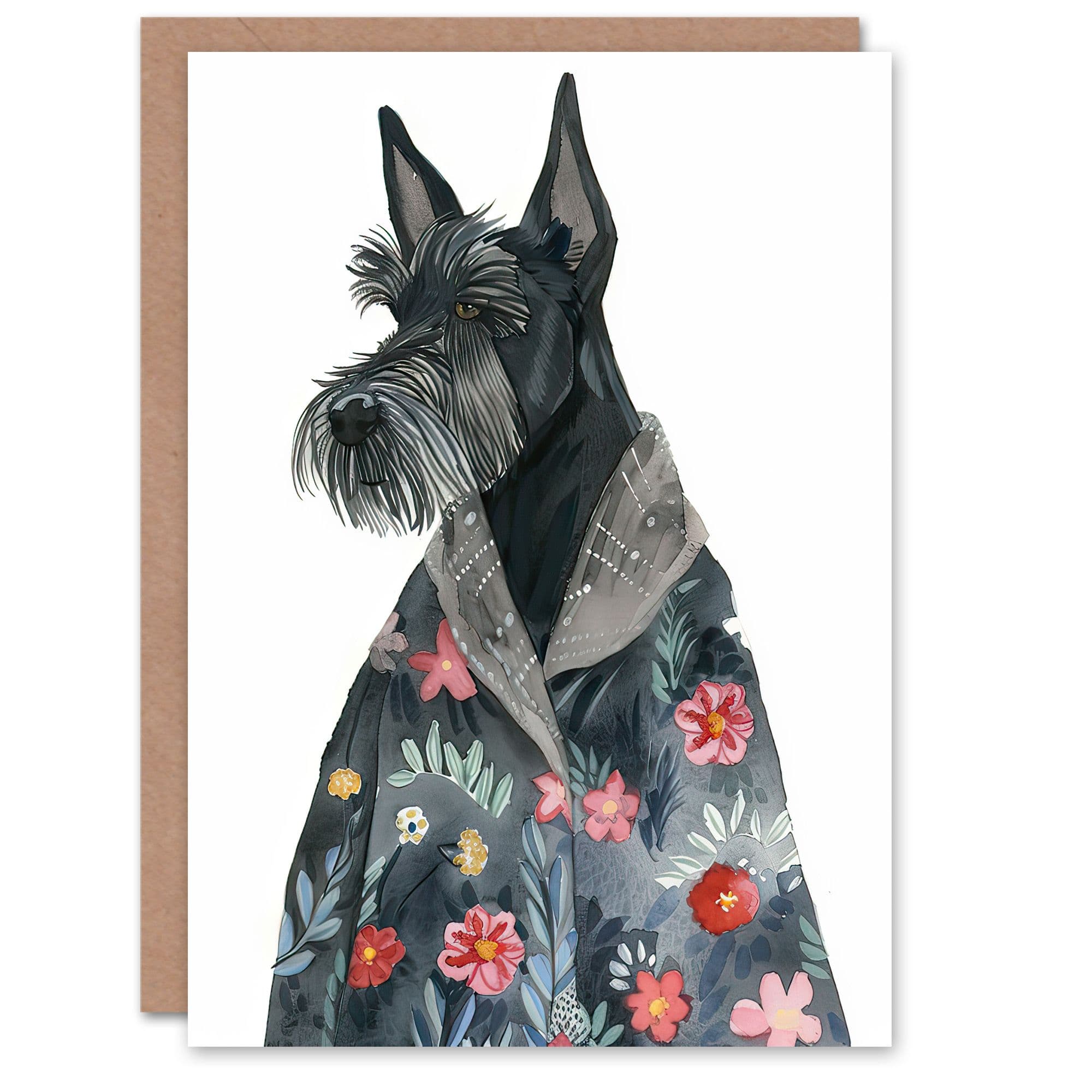 Greeting Card Dog Lover Scottish Terrier With Floral Kimono Birthday