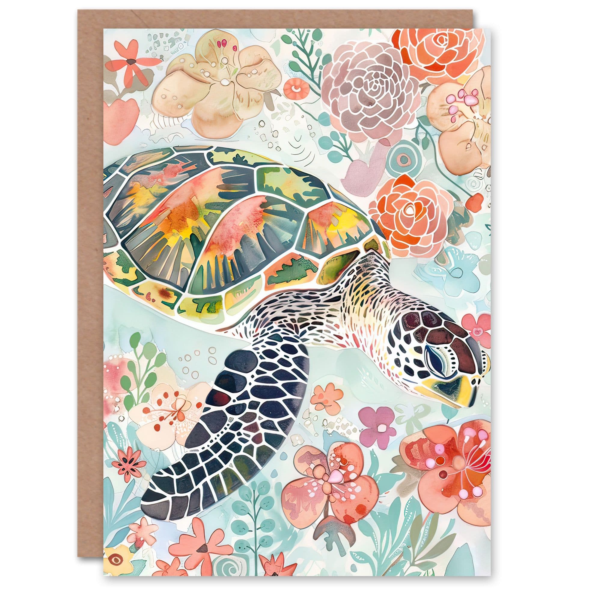 Greeting Card Colourful Sea Turtle Marine Flowers Watercolour Birthday