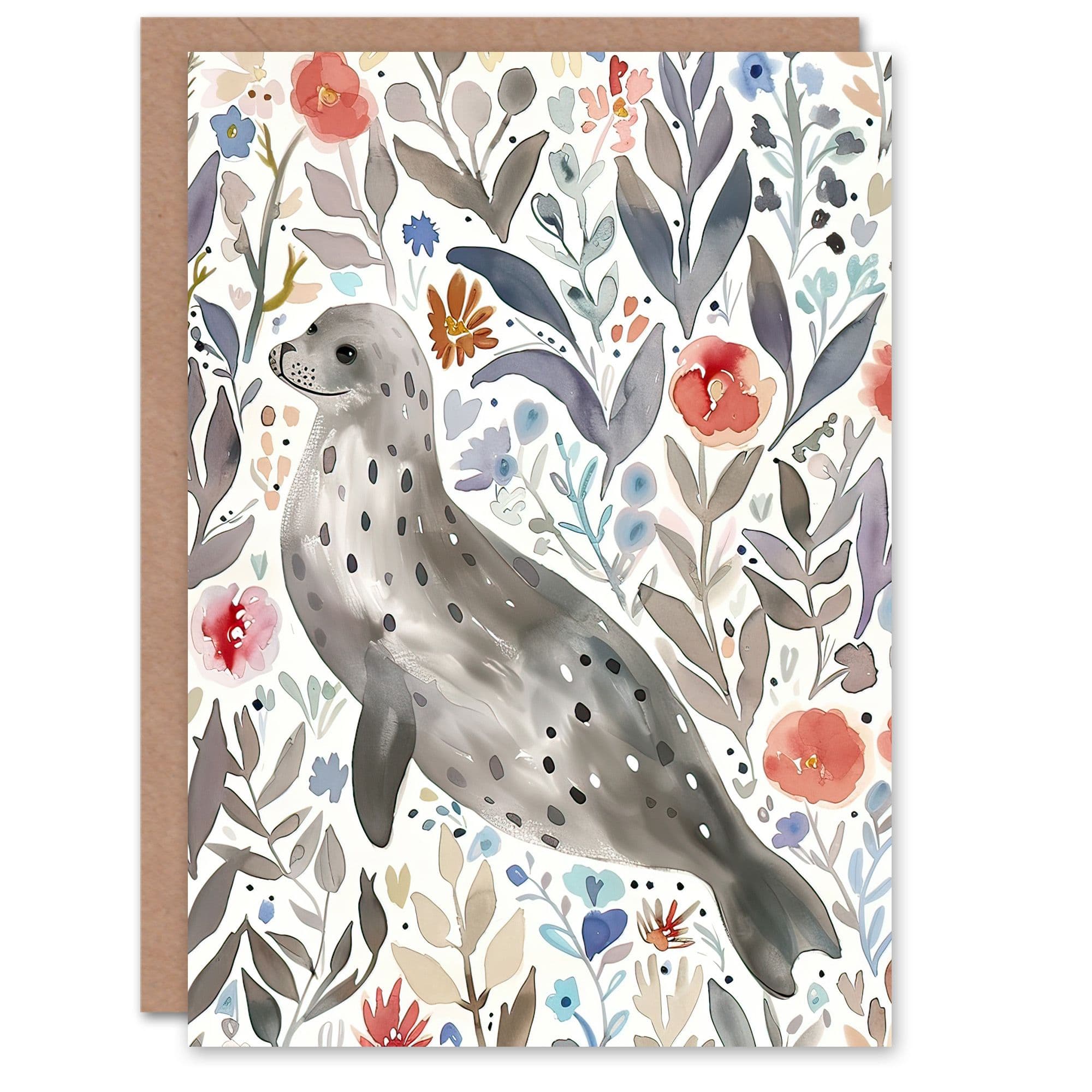Greeting Card Happy Seal Coastal Wildflowers Watercolour Birthday