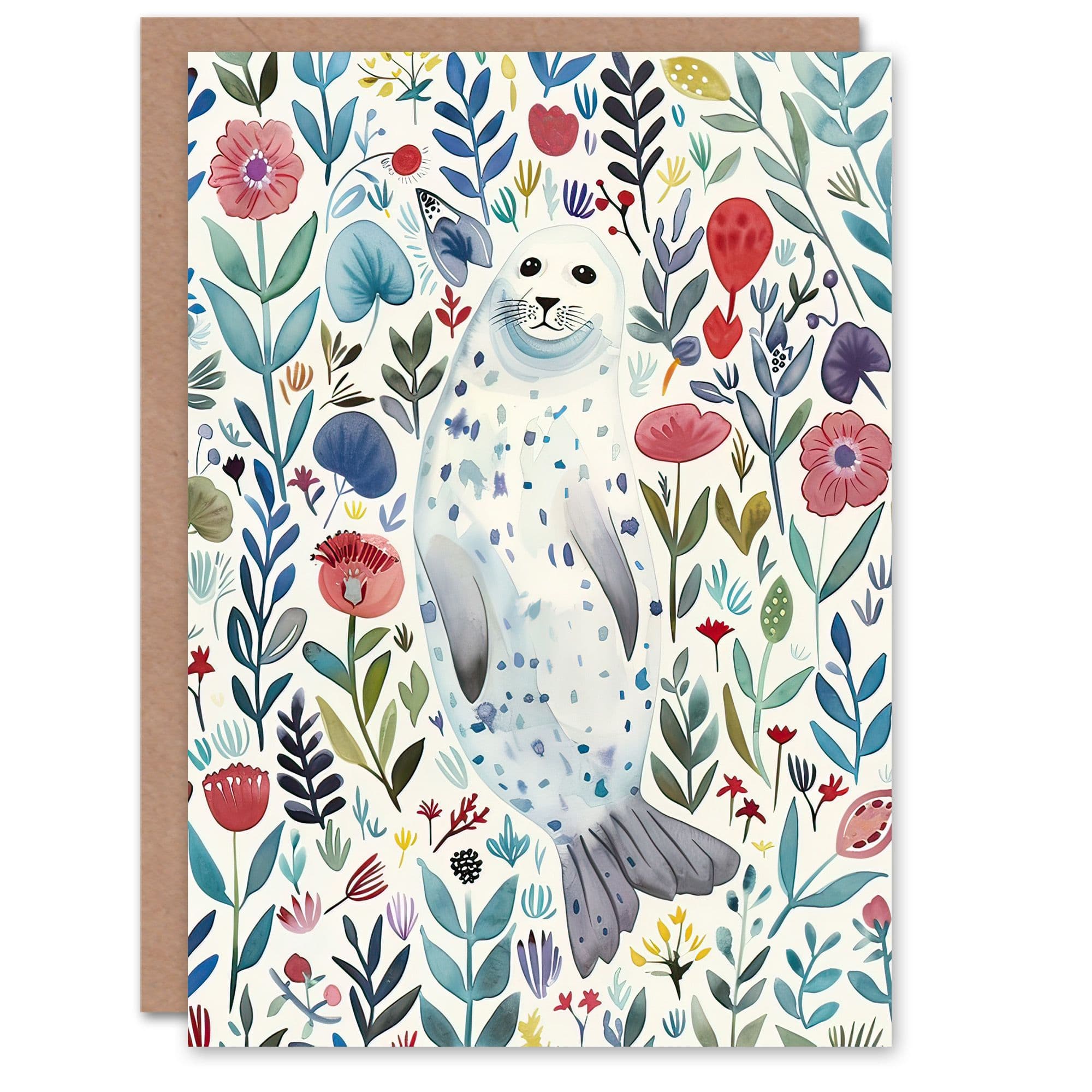 Greeting Card Cute Seal Swimming Wildflowers Bright Floral Birthday