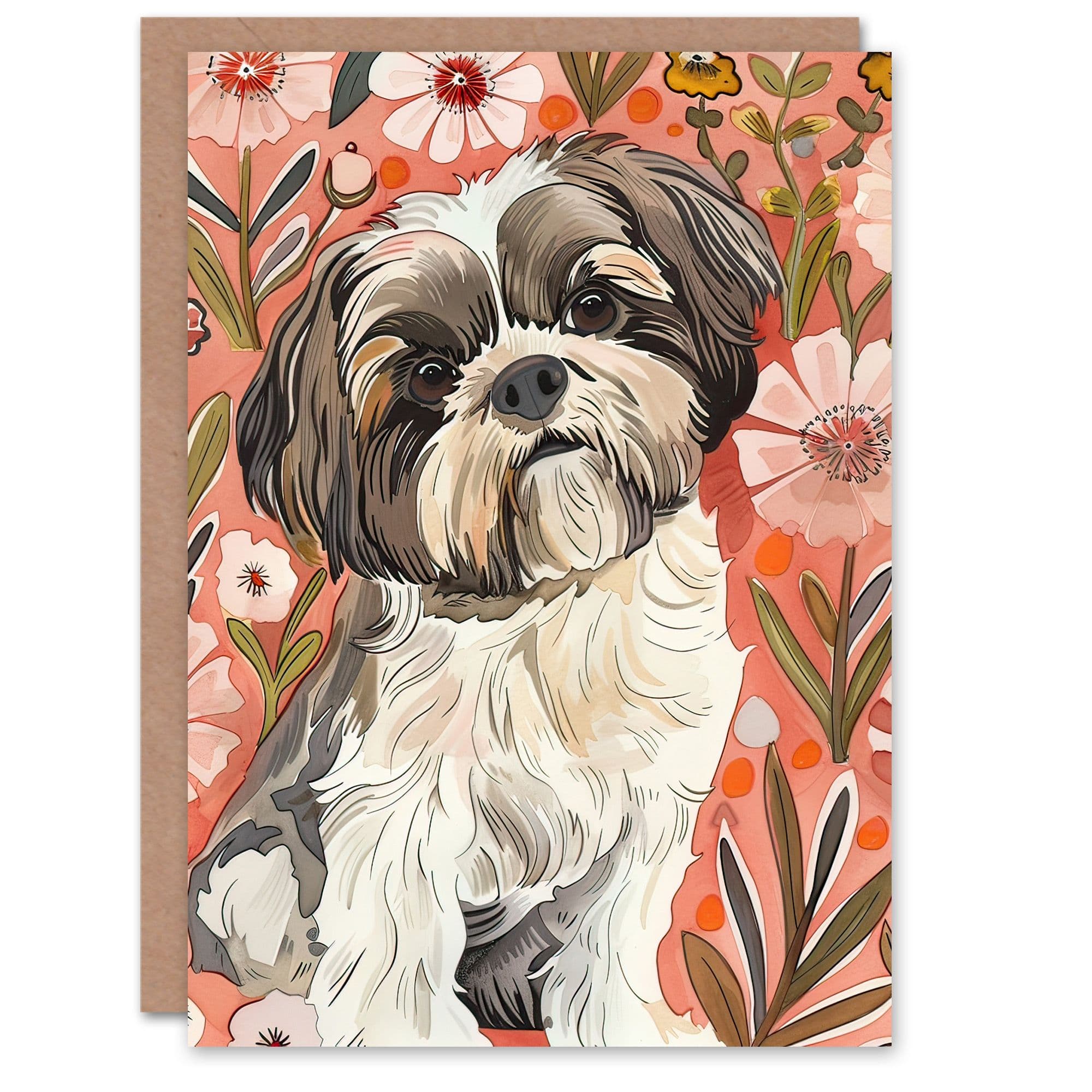 Greeting Card Dog Lover Cute Shih Tzu Puppy Wildflowers Birthday