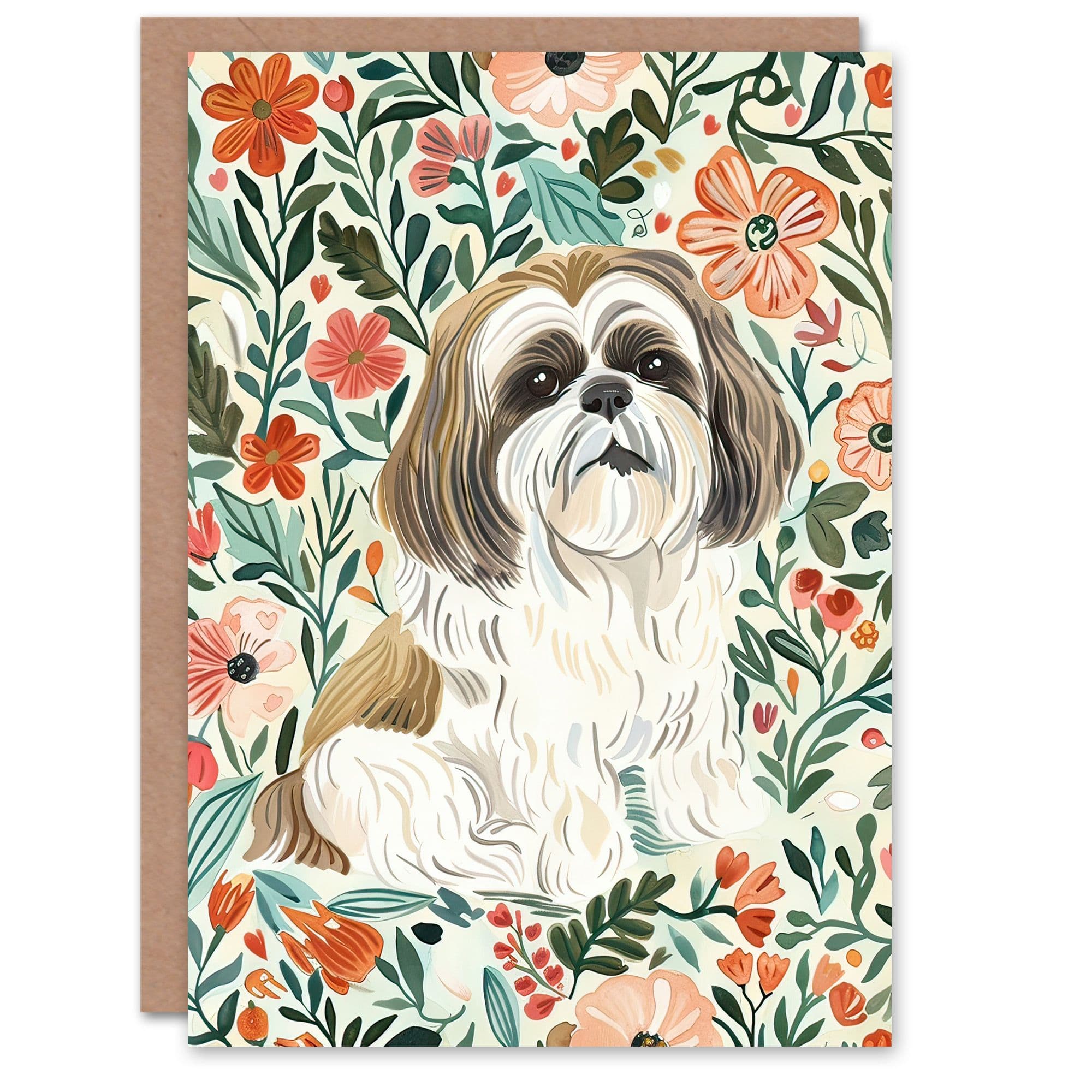 Greeting Card Cute Shih Tzu Dog Lover Rustic Floral Portrait Birthday