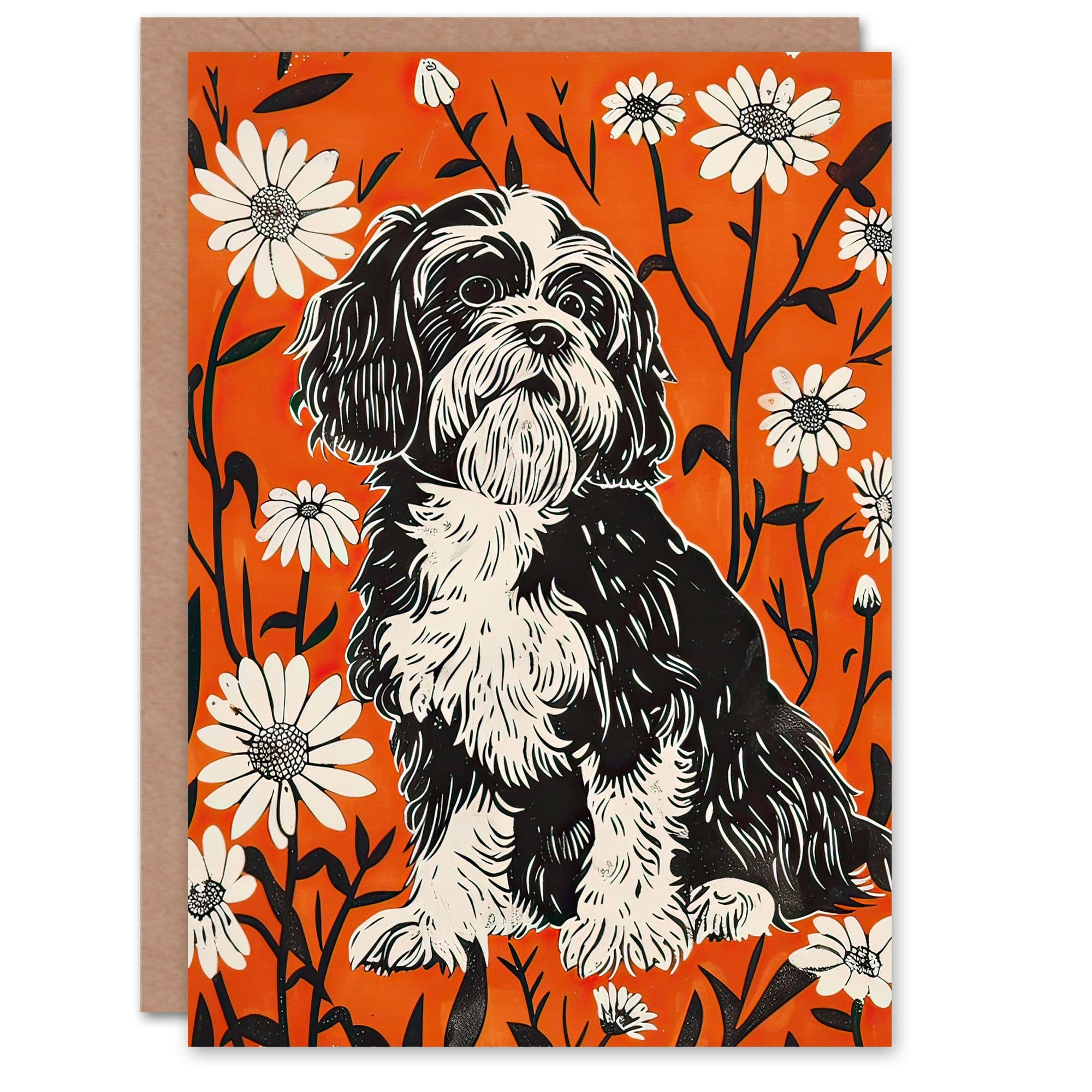 Greeting Card Shih Tzu with Daisies Red Floral Dog Lover Birthday