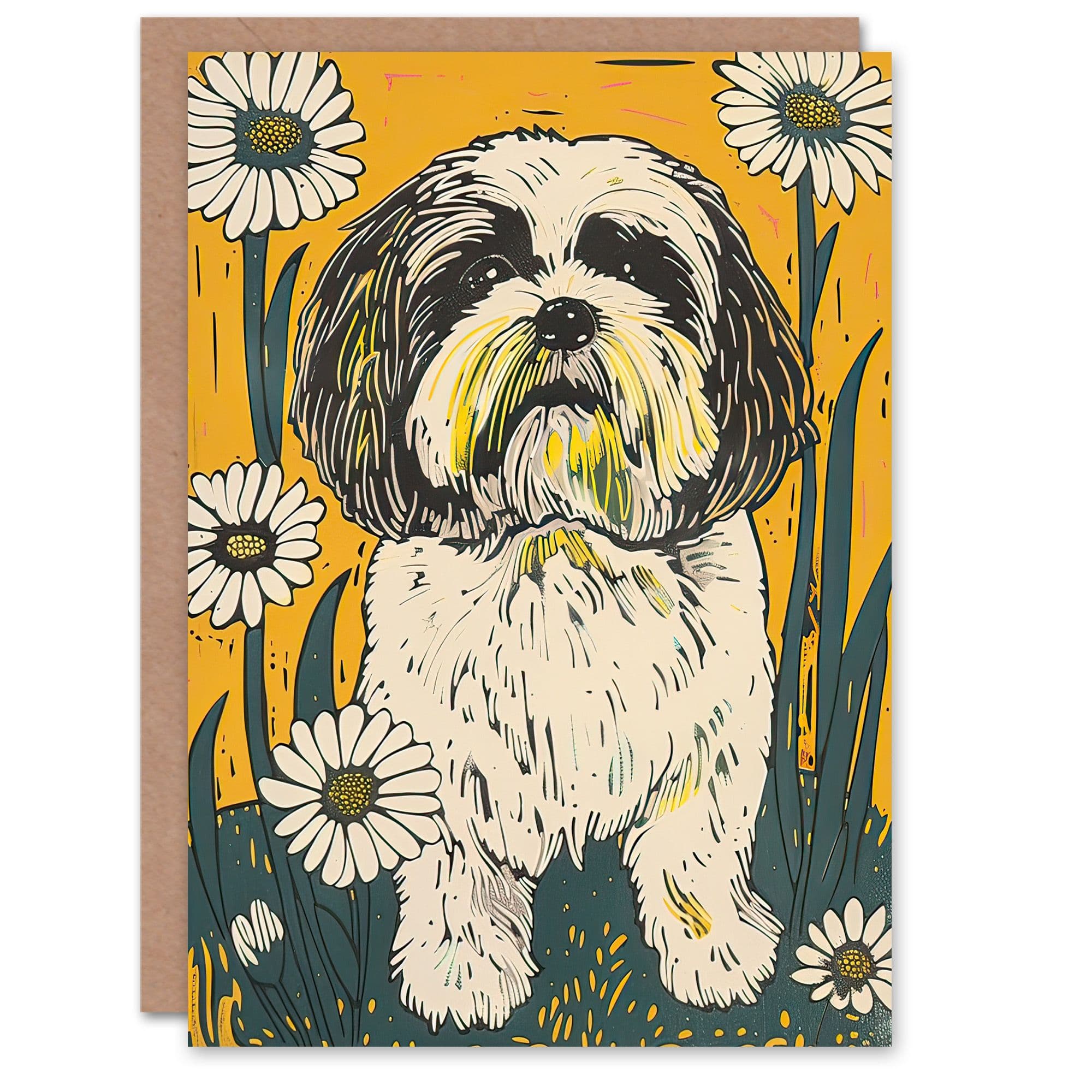 Greeting Card Dog Lover Shih Tzu Daisy Field Teal Floral