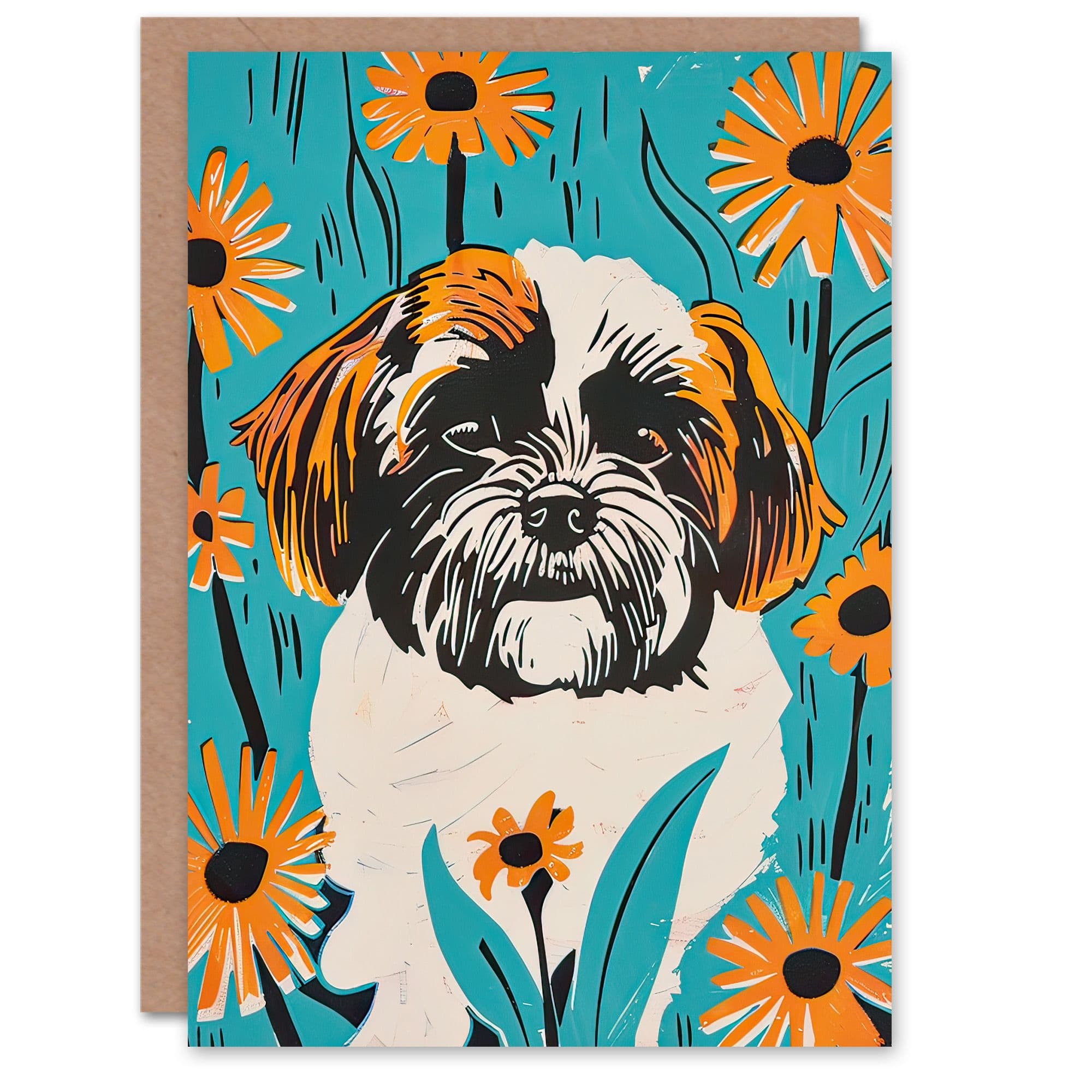 Greeting Card Vibrant Shih Tzu Daisy Portrait Dog Lover Floral