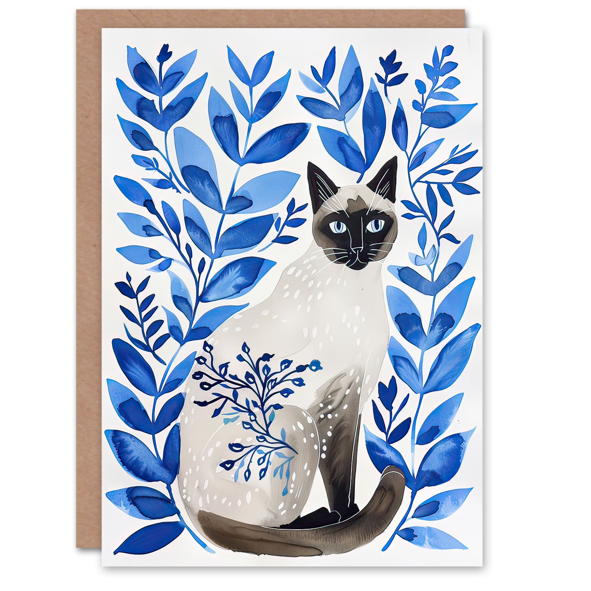 Greeting Card Siamese Cat Lover and Blue Plants Pet Portrait Birthday