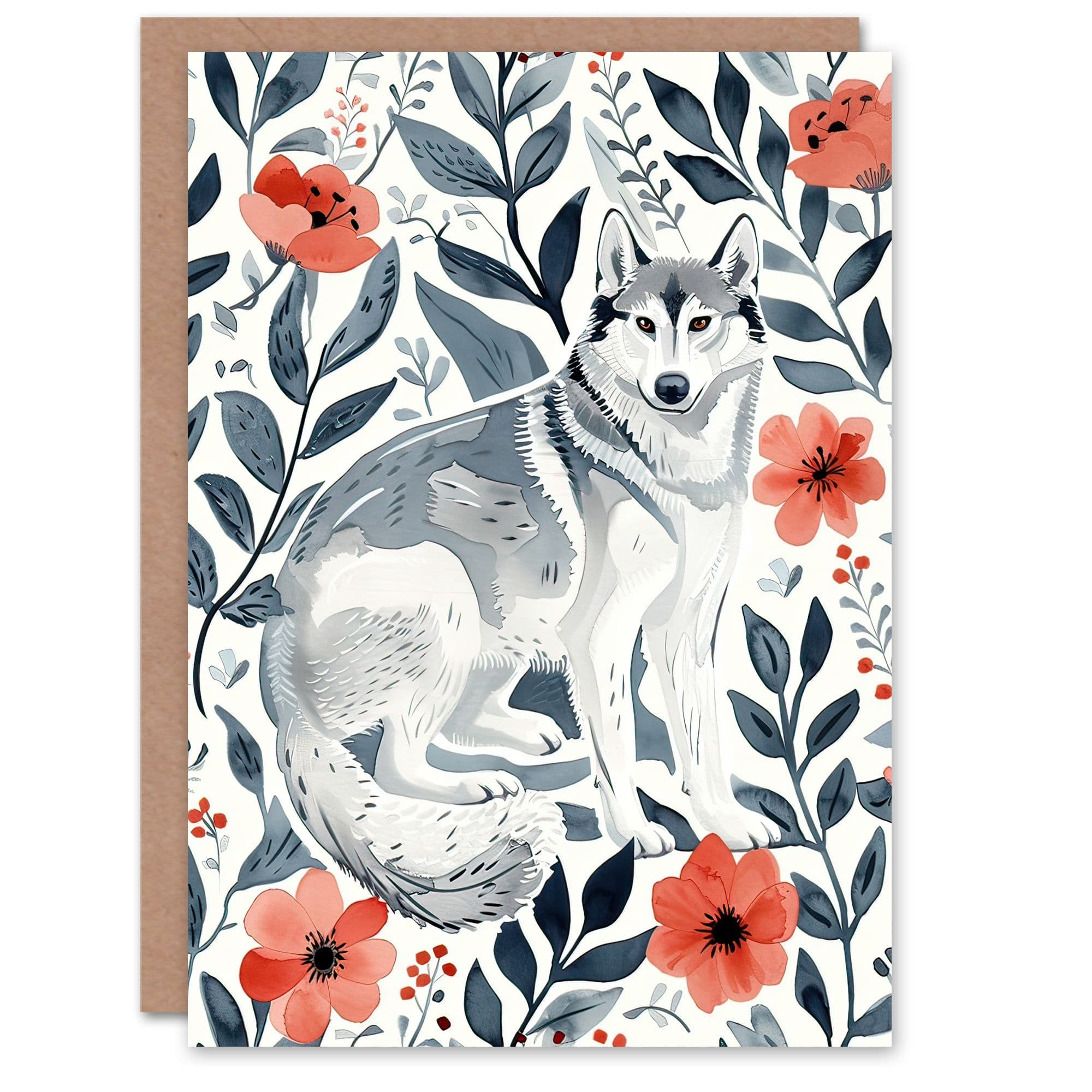 Greeting Card Siberian Husky Poppy Flower Pattern Dog Lover