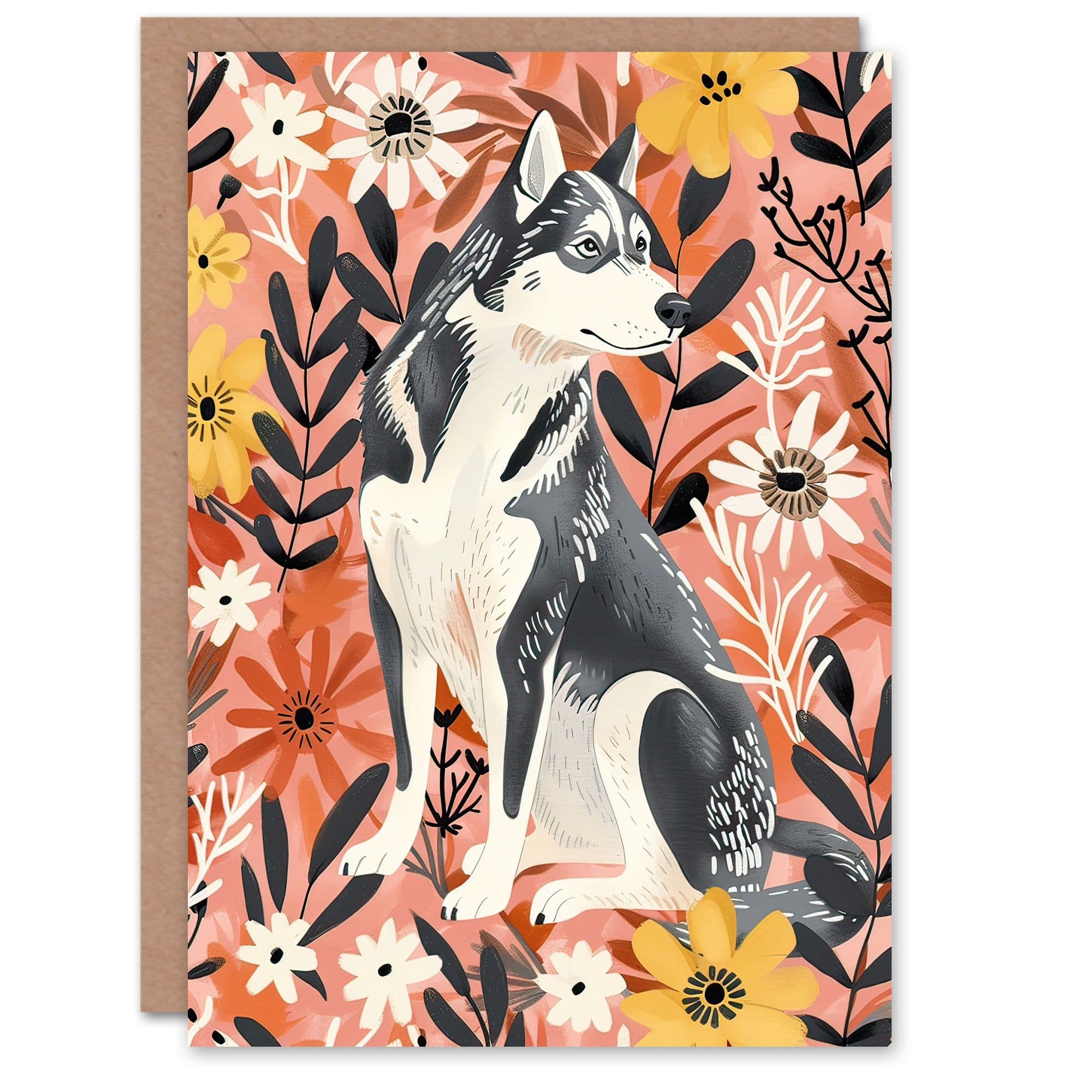 Greeting Card Dog Lover Siberian Husky Rustic Pink Floral Birthday