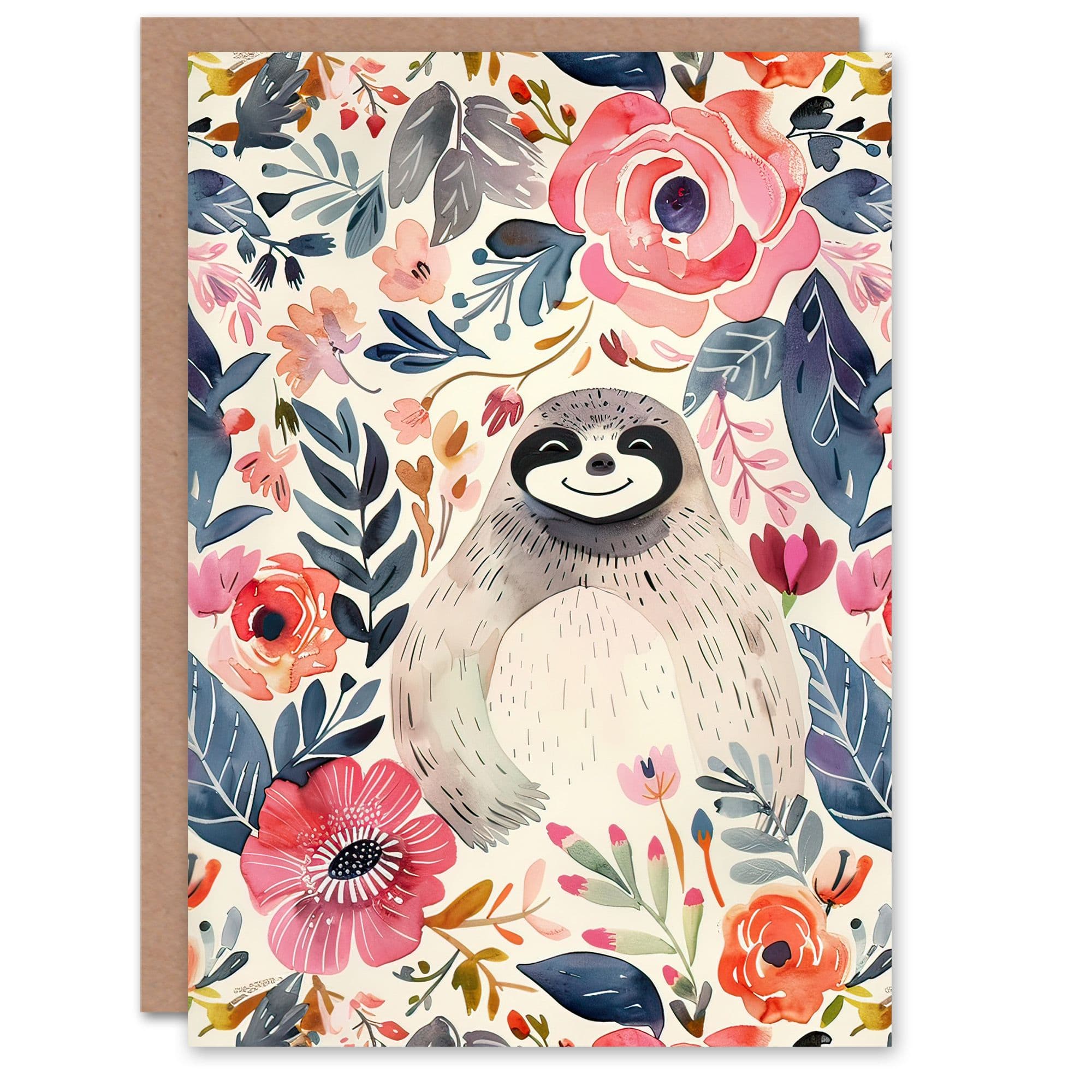Greeting Card Happy Sloth Smiling Anemone Floral Pattern Birthday