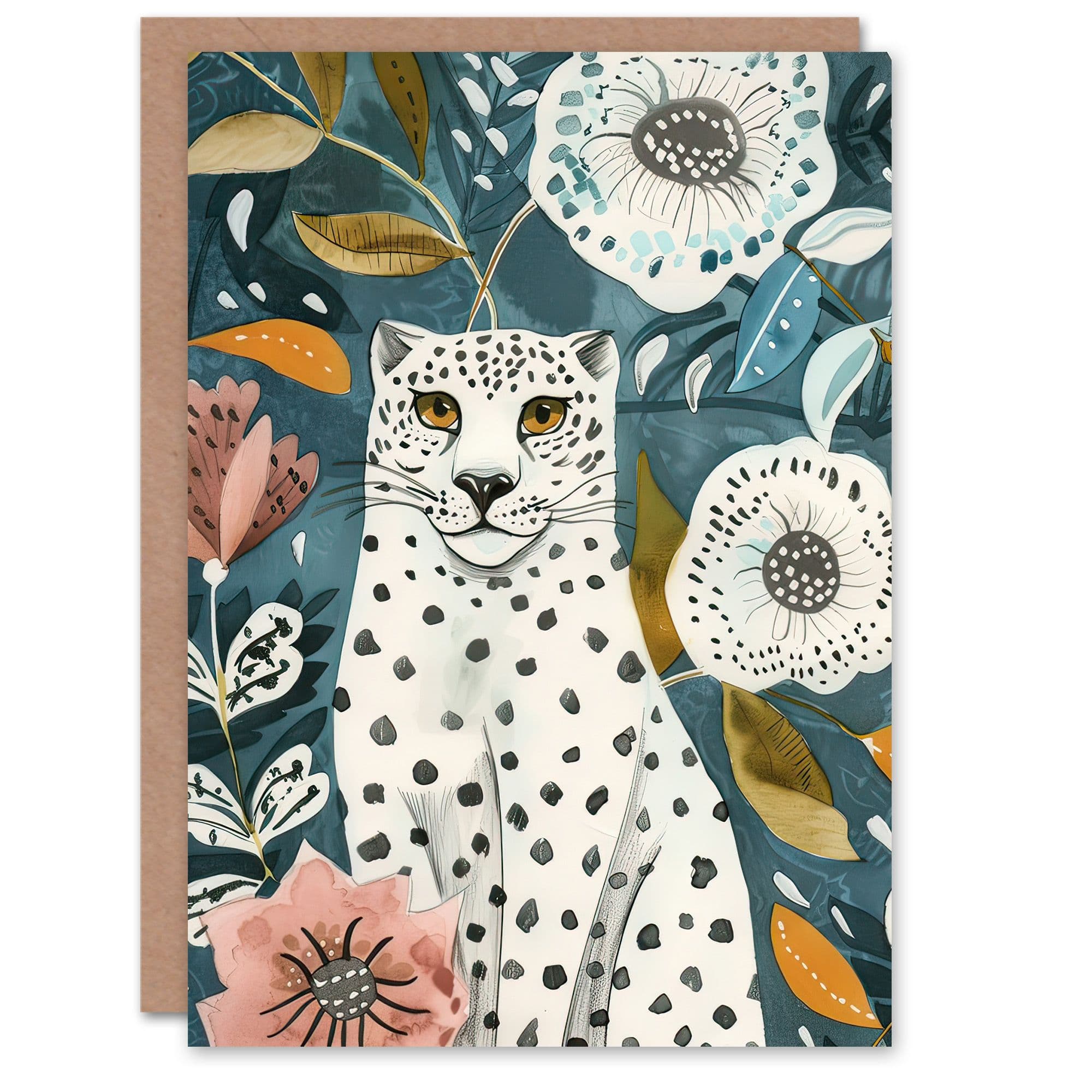 Greeting Card Snow Leopard Floral Pattern Watercolour Folk Art