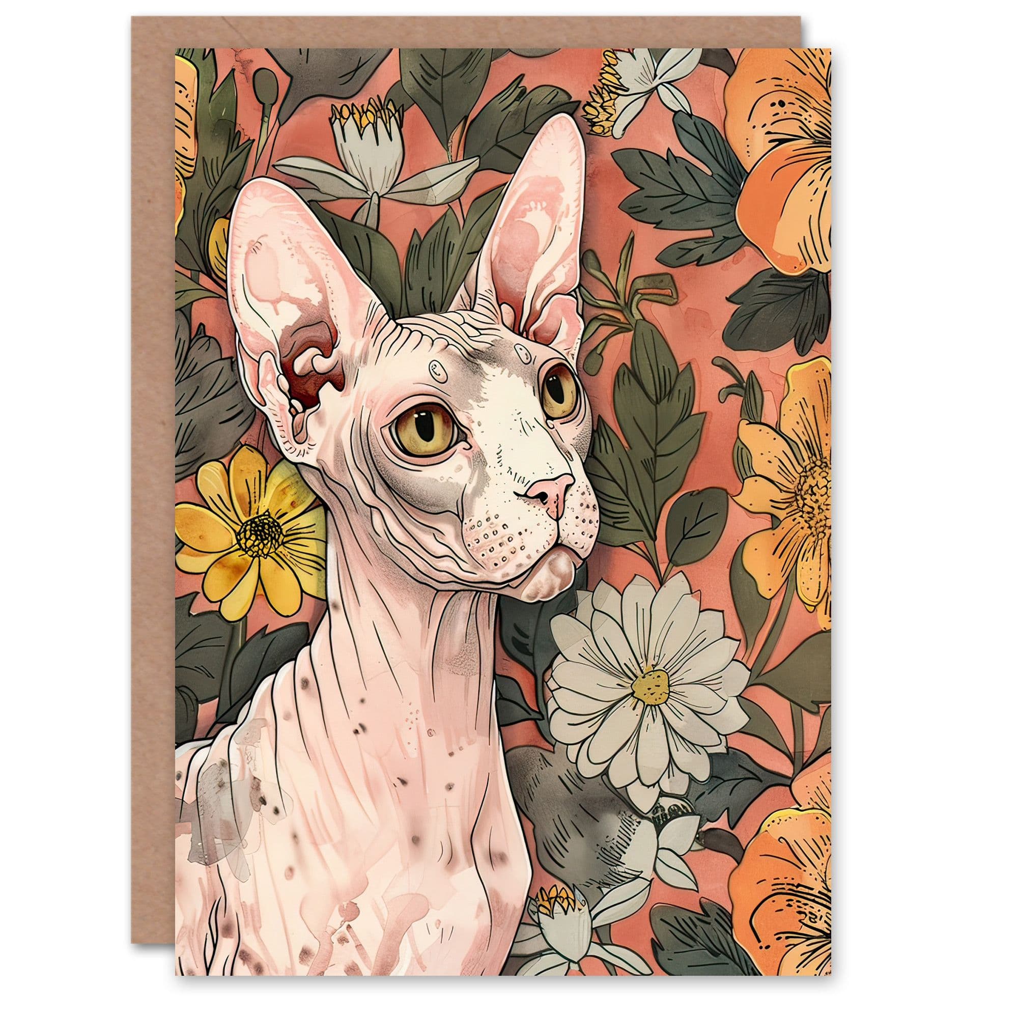 Greeting Card Sphynx Cat Lover Flower Garden Pet Portrait Birthday