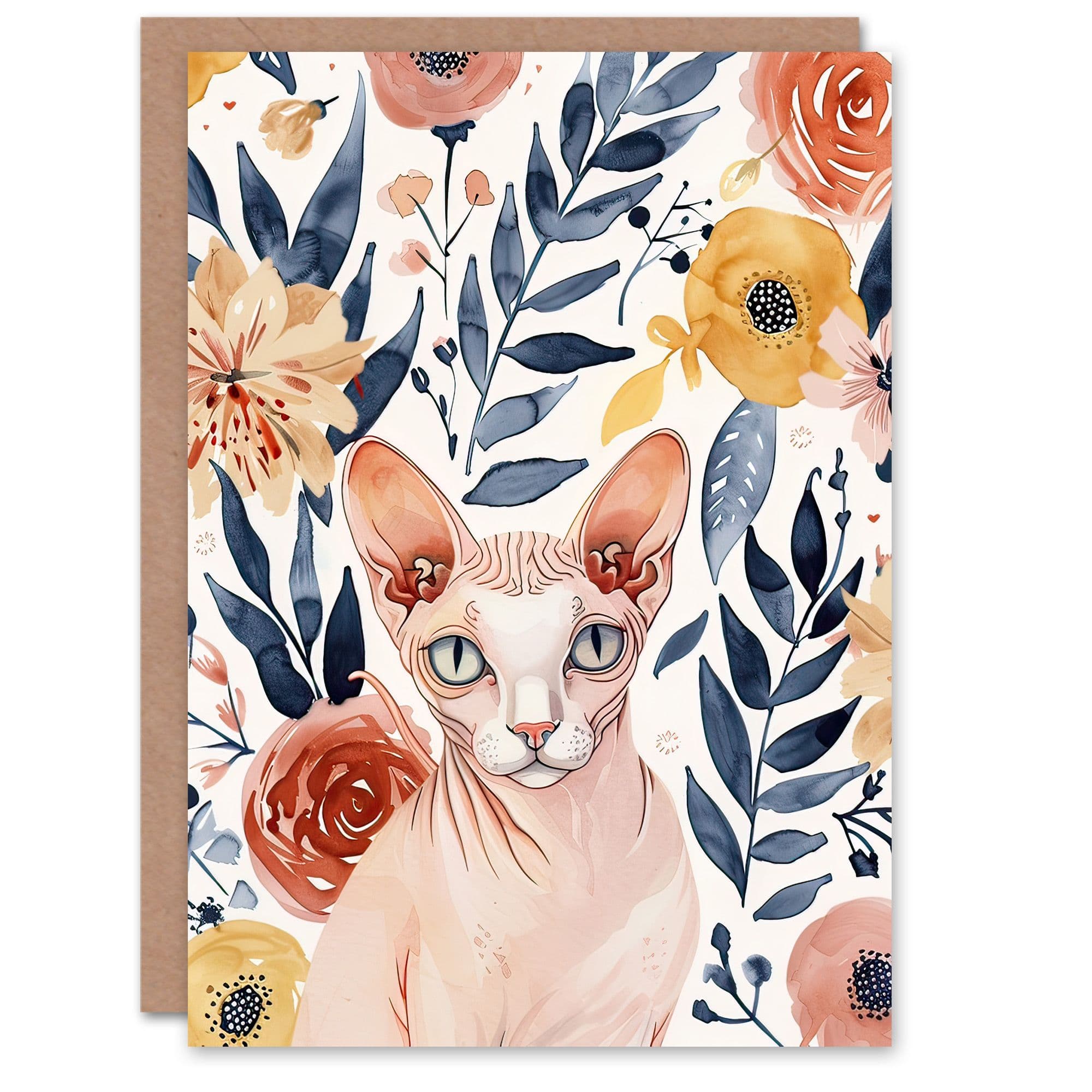 Greeting Card Sphynx Cat Lover Floral Watercolour Portrait Birthday