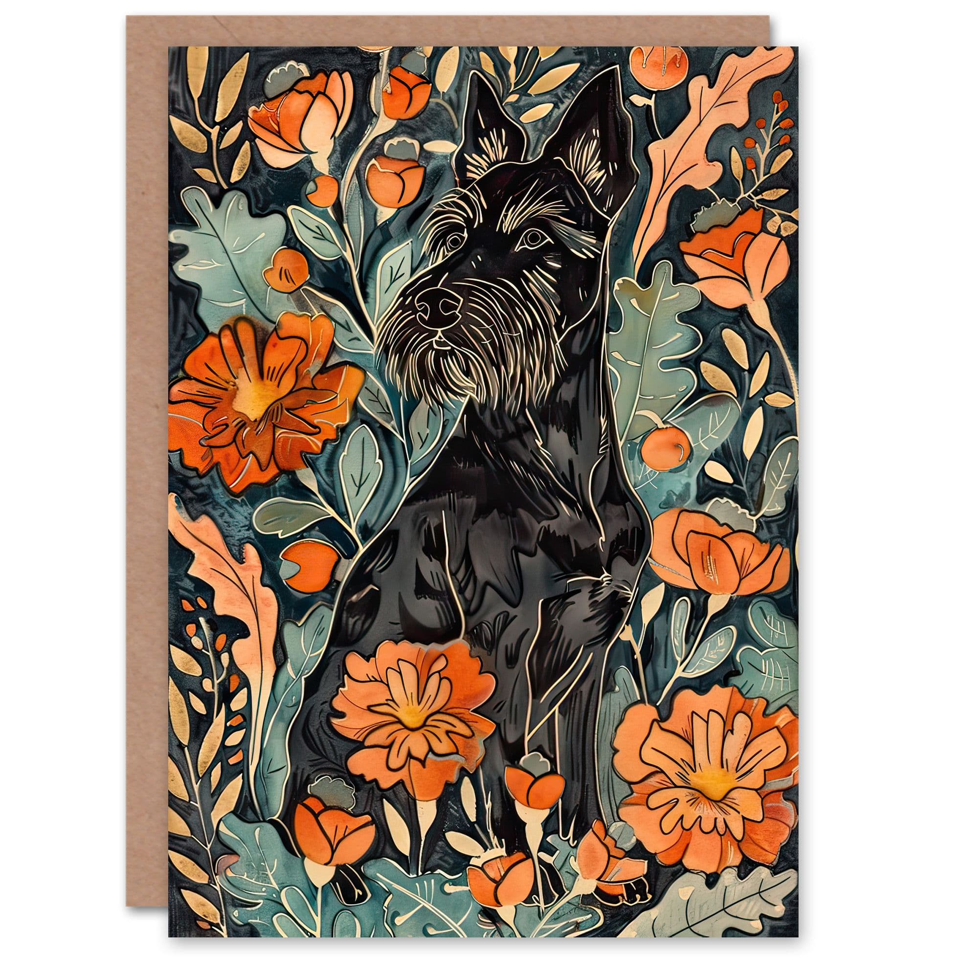 Greeting Card Stylised Scottish Terrier Dog Peony Flowers