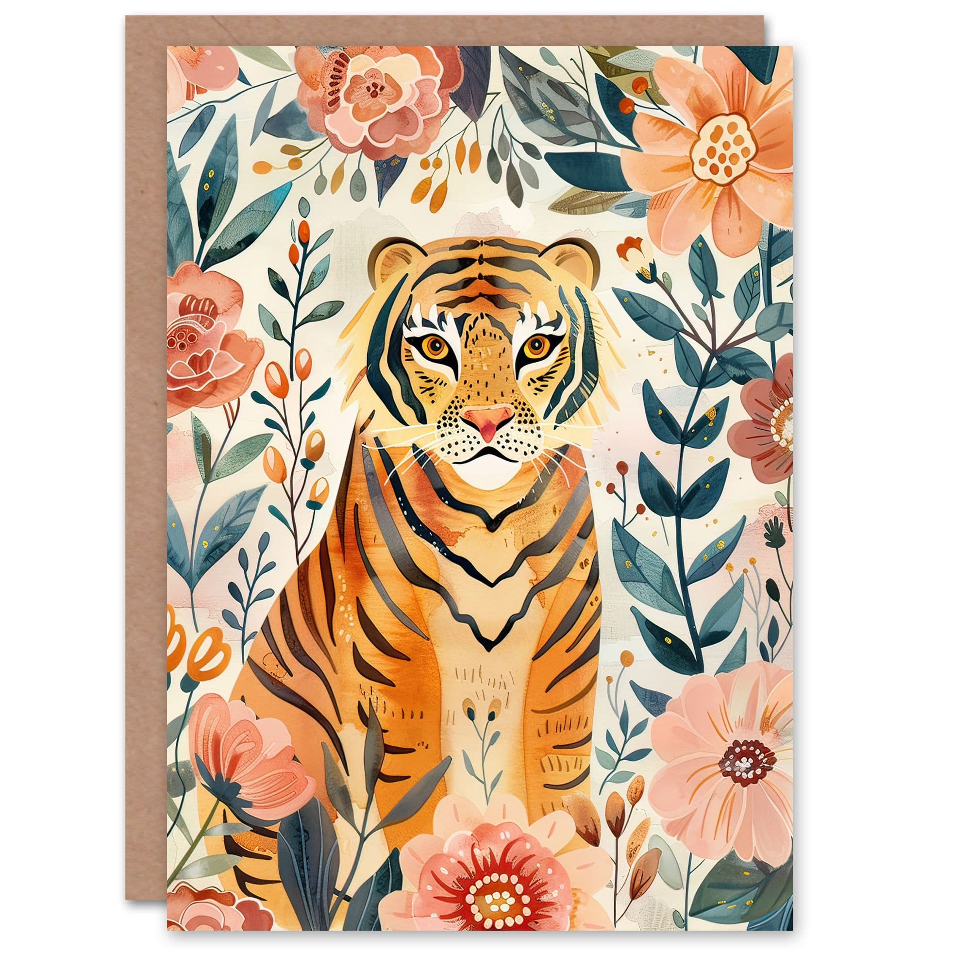 Greeting Card Tiger with Exotic Pink Flowers Floral Watercolour