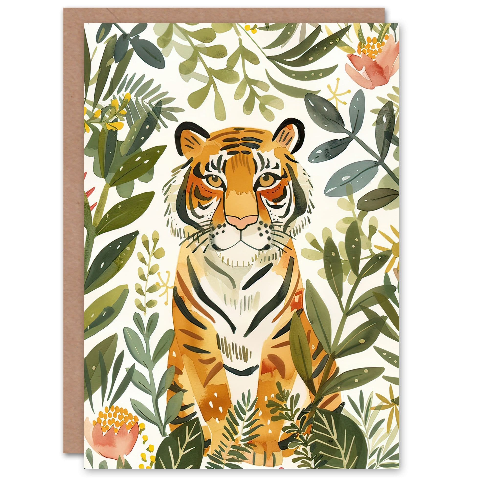 Greeting Card Cute Tiger in Floral Tropical Jungle Watercolour