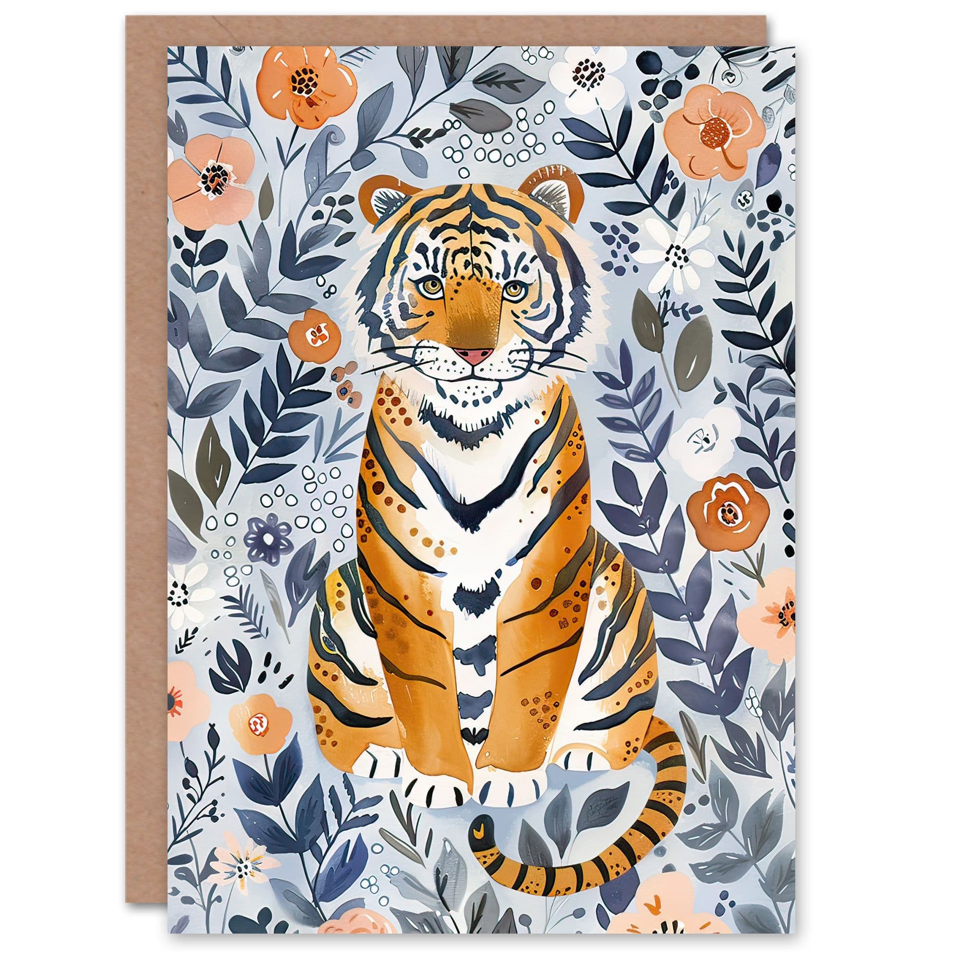Greeting Card Cute Baby Tiger in Floral Pattern Blue Design Birthday