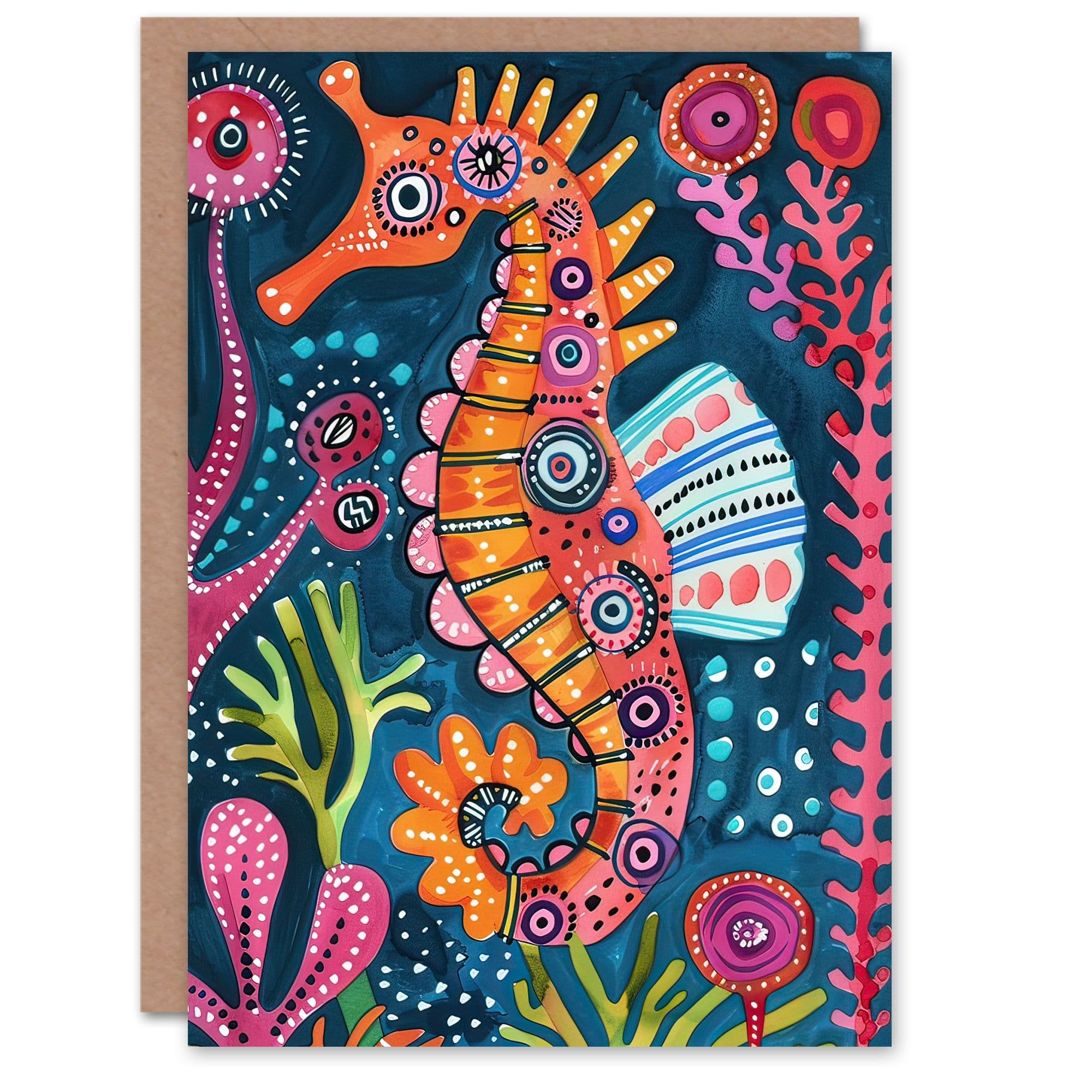 Greeting Card Folk Art Pattern Seahorse Pink Coral Reef