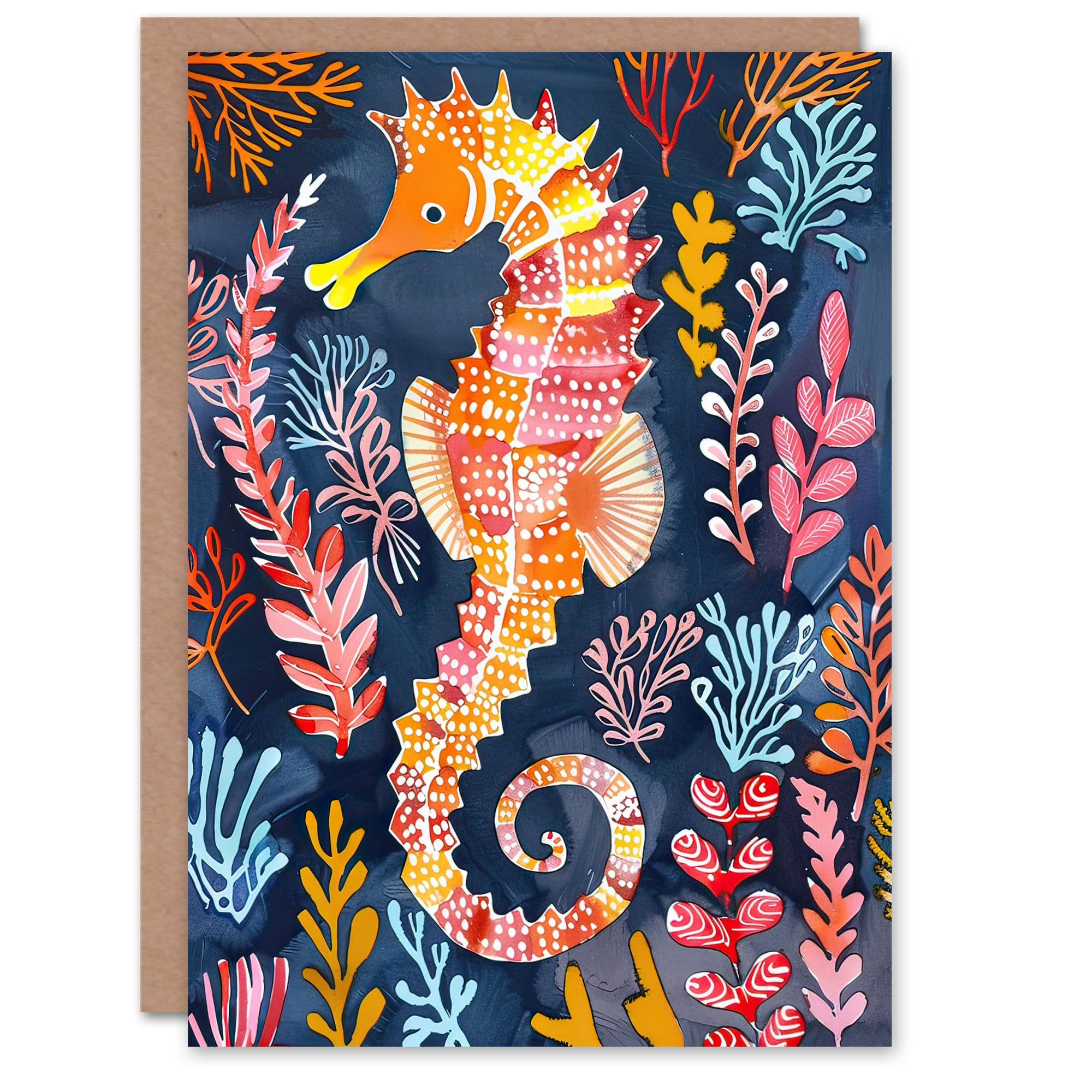 Greeting Card Vibrant Seahorse Colourful Reef Folk Art Birthday