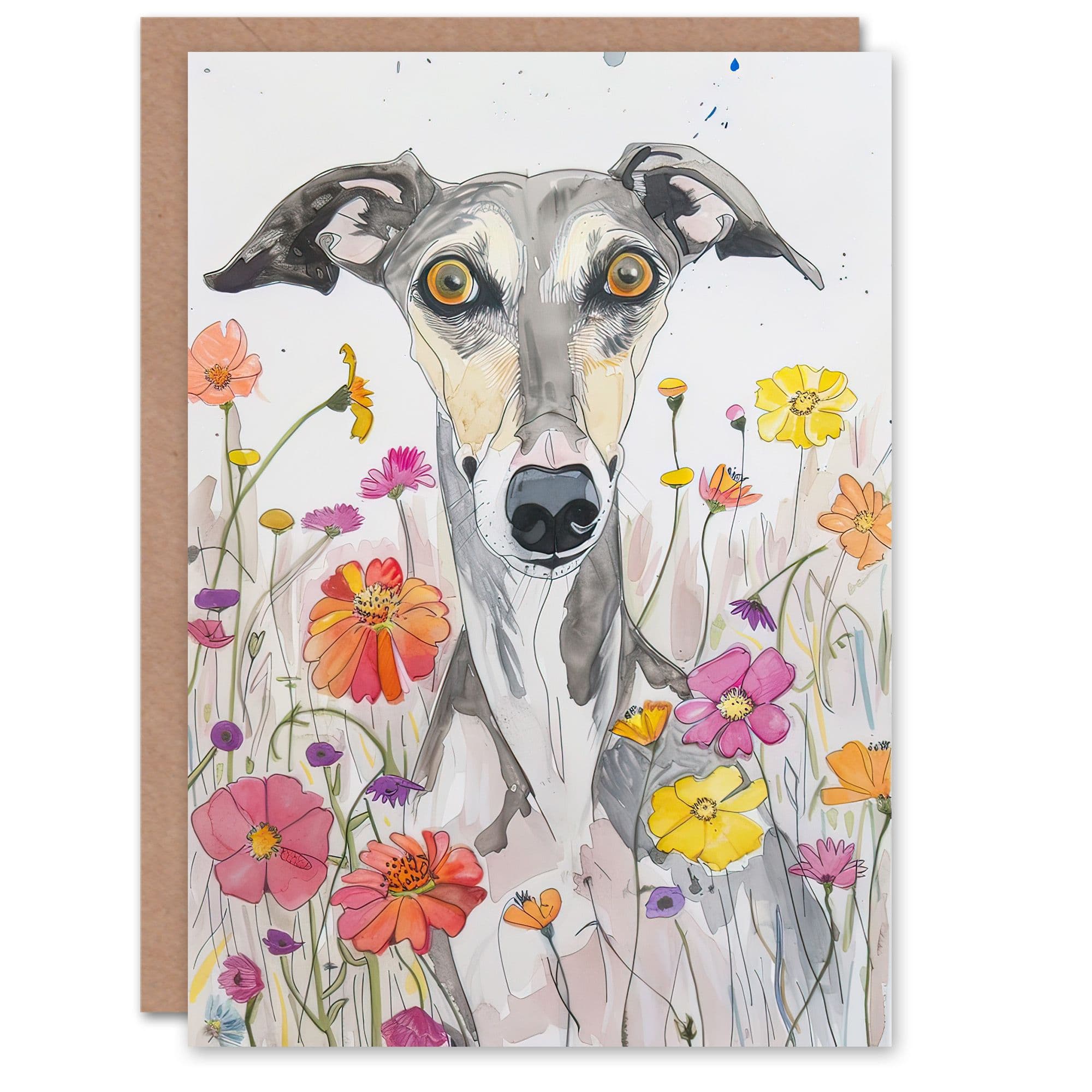 Greeting Card Cute Whippet Wildflowers Dog Lover Watercolour