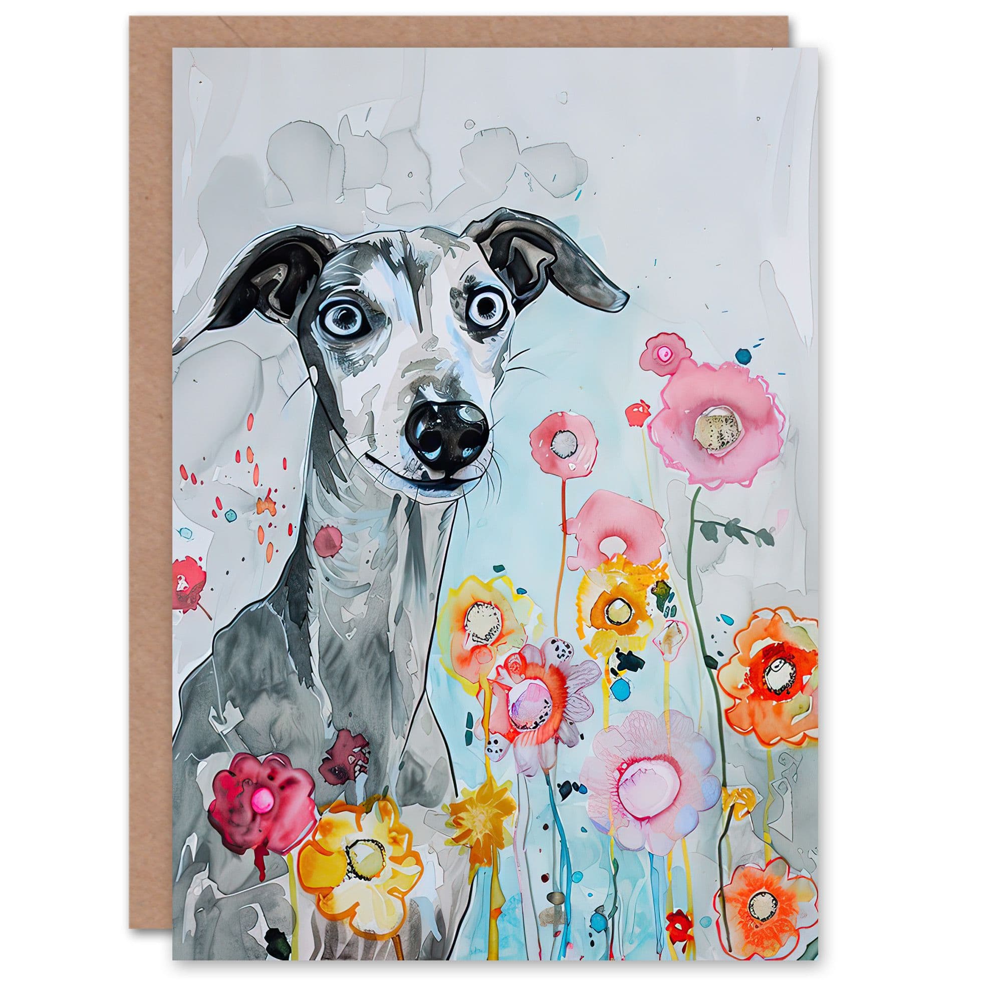 Greeting Card Dog Lover Whippet with Spring Flowers Watercolour