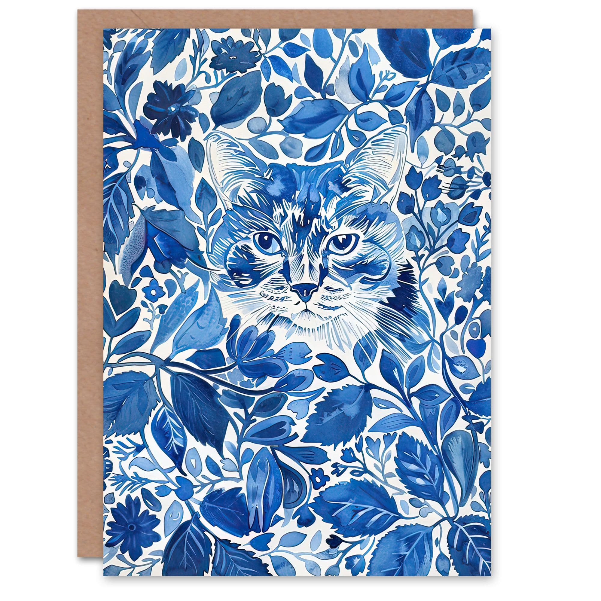 Greeting Card Cat Lover Floral Blue China Pattern Watercolour Birthday