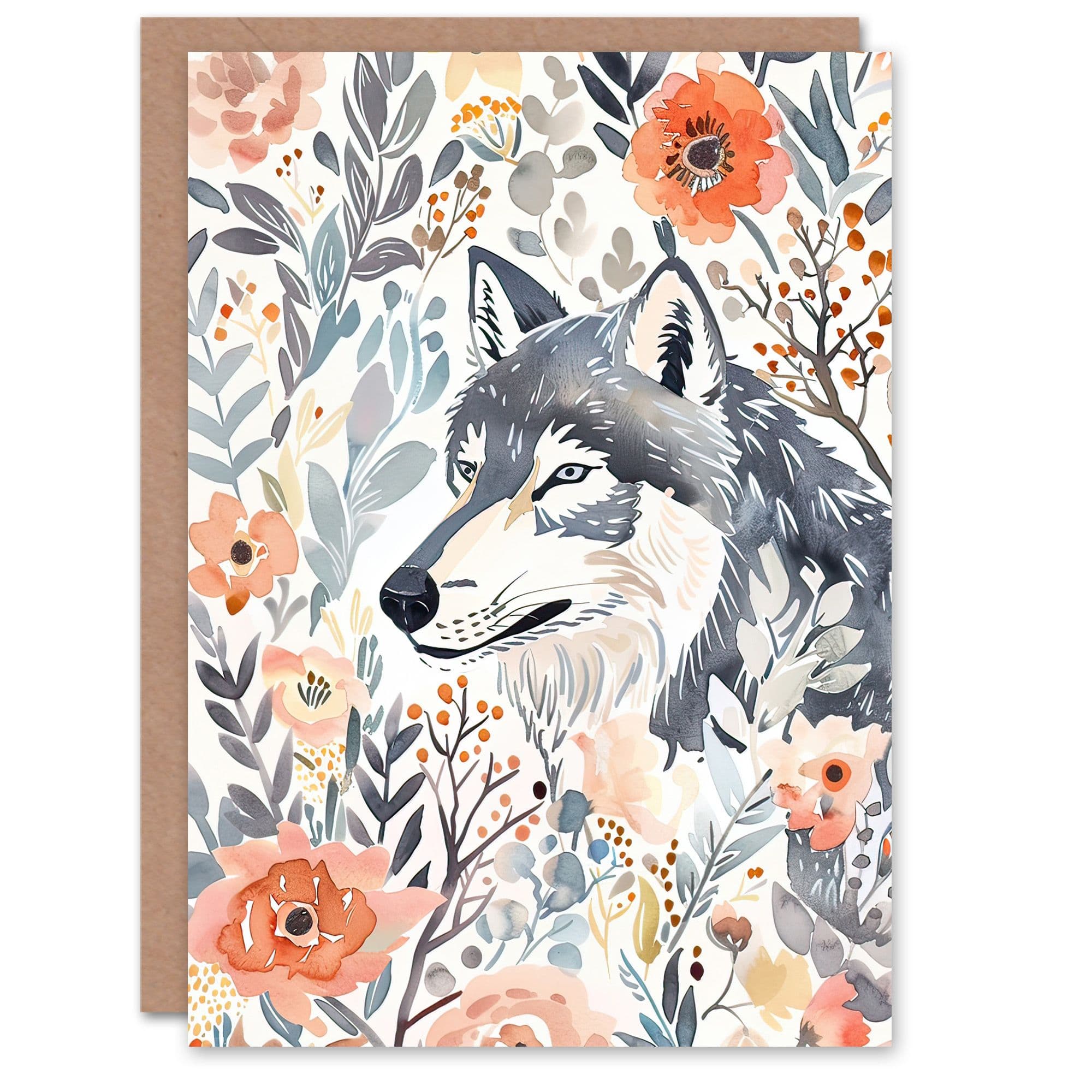Greeting Card Wolf Wild Roses Floral Pastel Watercolour Birthday