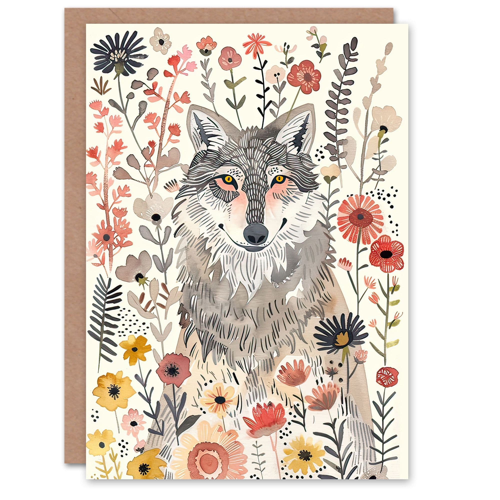 Greeting Card Smiling Wolf Wildflower Meadow Floral Watercolour