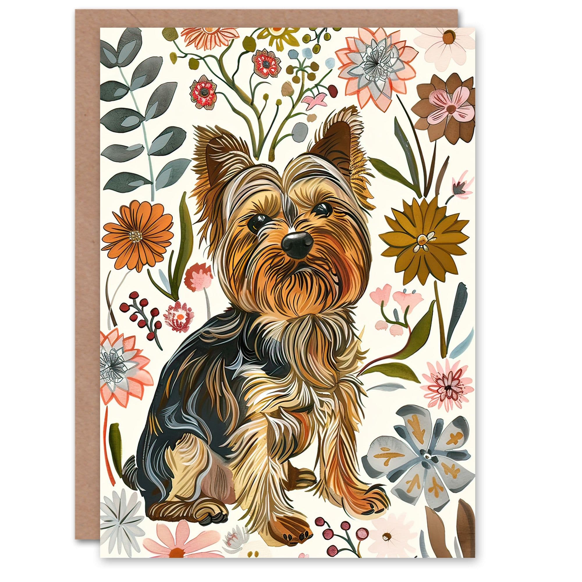 Greeting Card Yorkshire Terrier Dog Lover Boho Floral Pattern Birthday