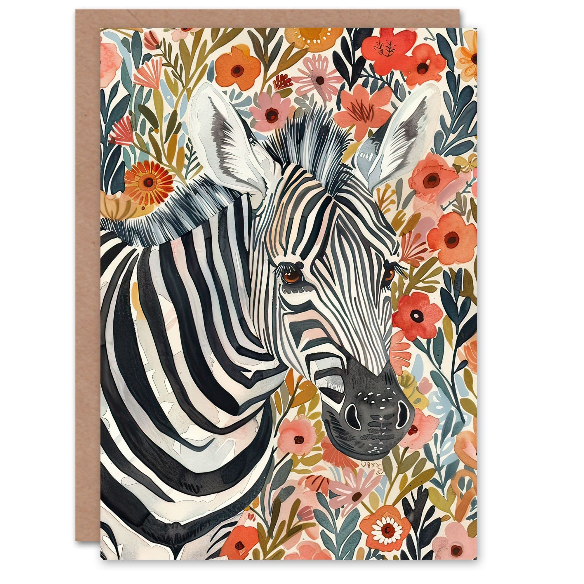 Greeting Card Zebra Wildflower Meadow Floral Watercolour Birthday