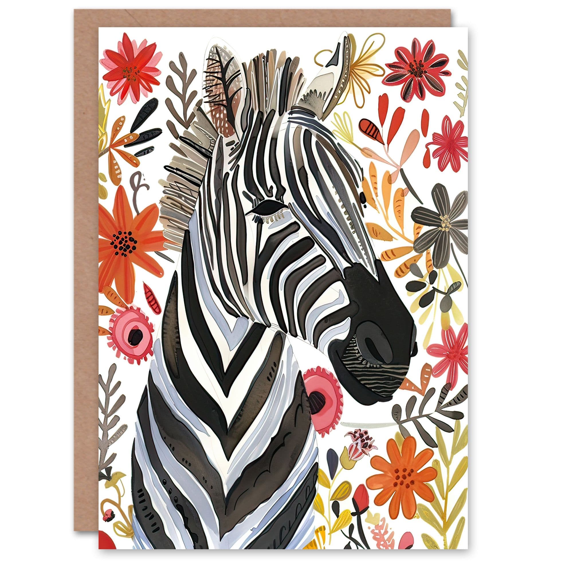 Greeting Card Boho Zebra Bright Floral Watercolour Painting Birthday