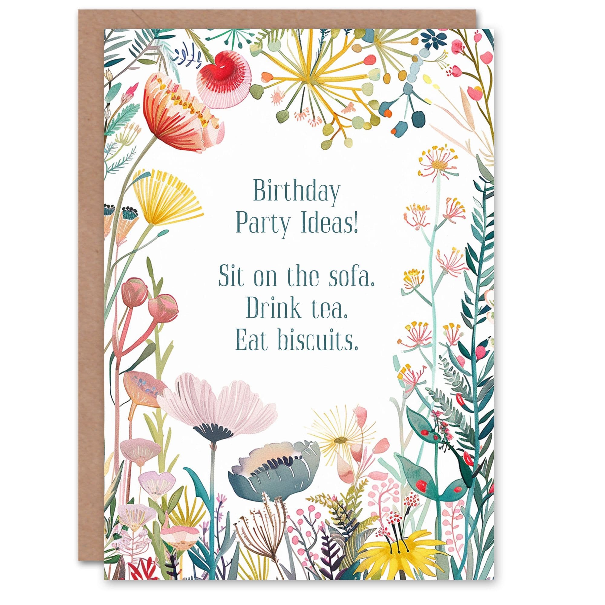 Greeting Card Happy Flowers Party Ideas Sofa Tea Biscuits Birthday