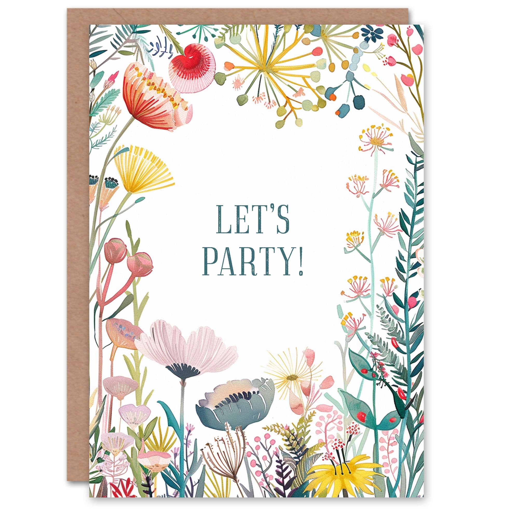Greeting Card Let's Party Fun Bright Bold Floral Flowers Birthday