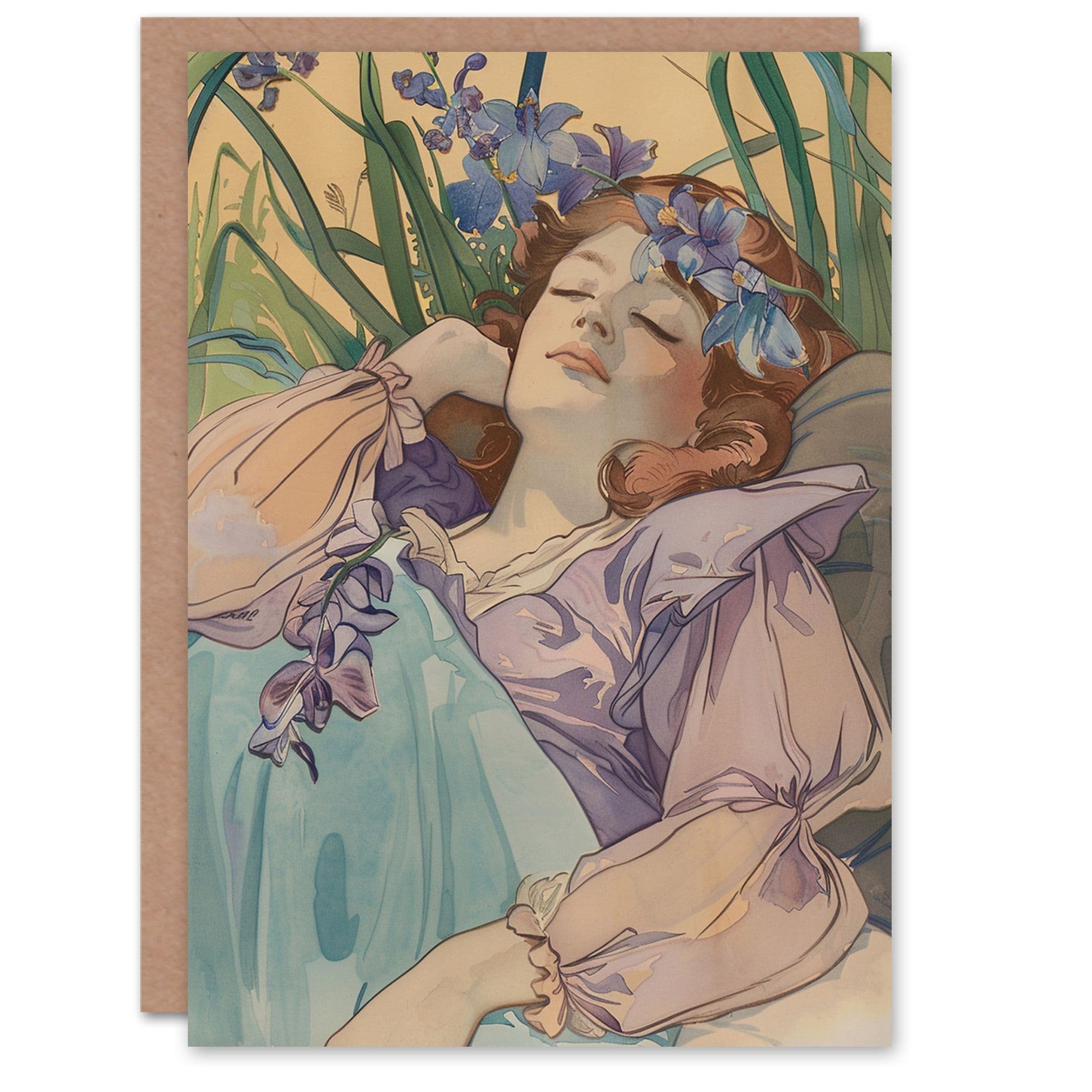 Artery8 Women's Sleeping Beauty Floral Soft Watercolour Painting Birthday Card in Beige