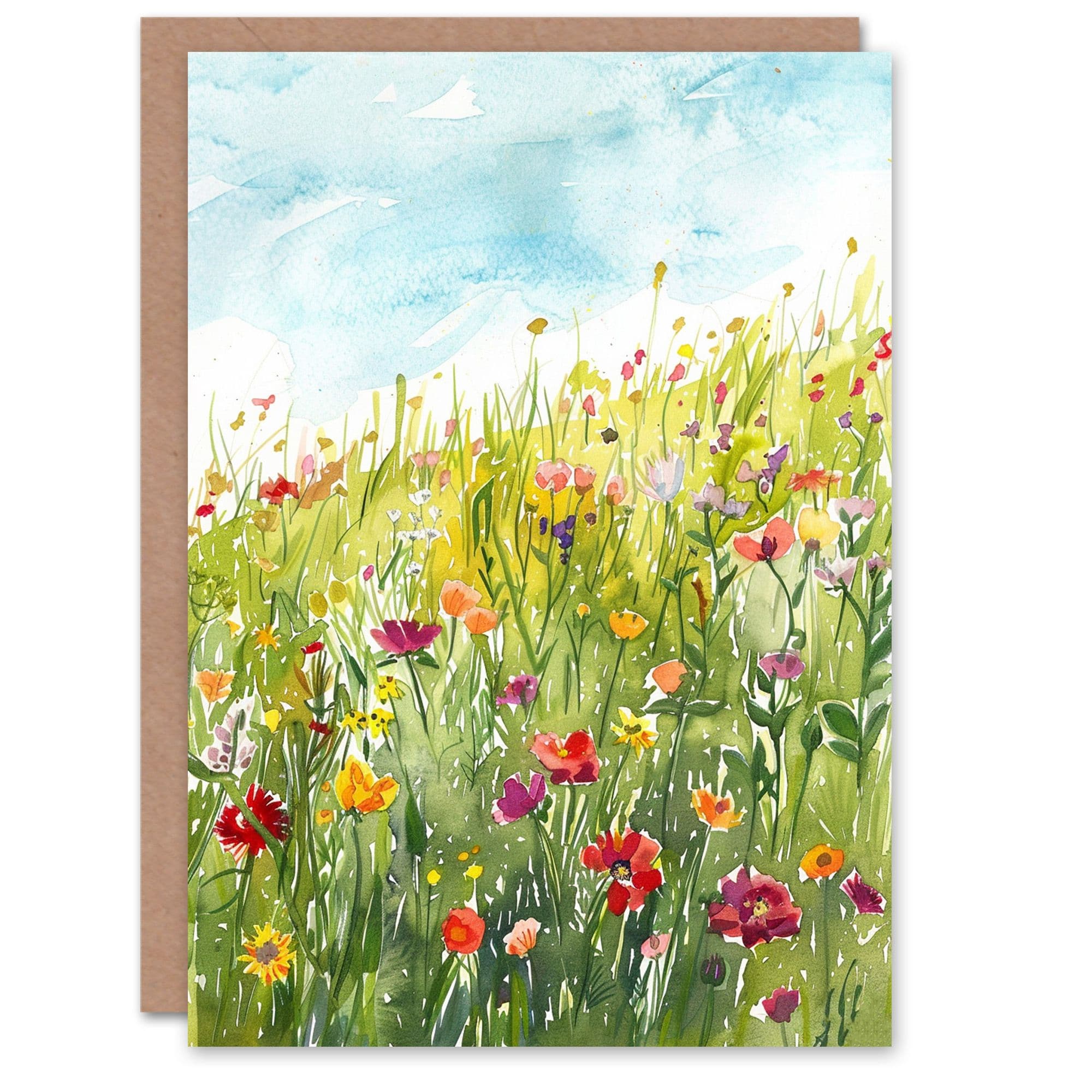 Artery8 Women's Blooming Spring Wildflower Meadow Watercolour Birthday Card in Green