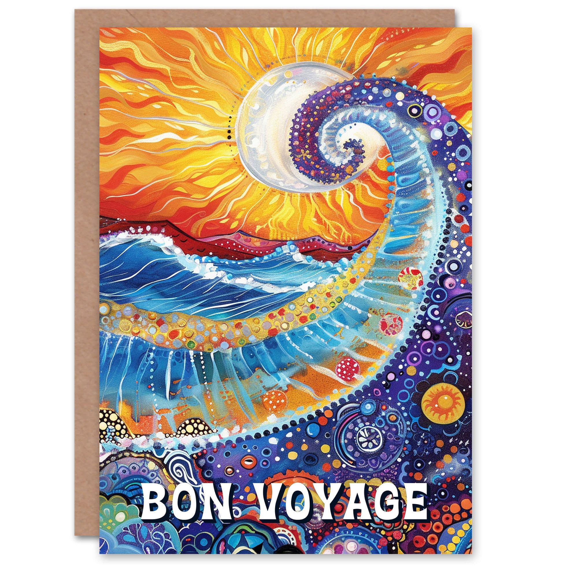 Artery8 Women's Bon Voyage Sun Colourful Seascape Wave Folk Art Farewell Card