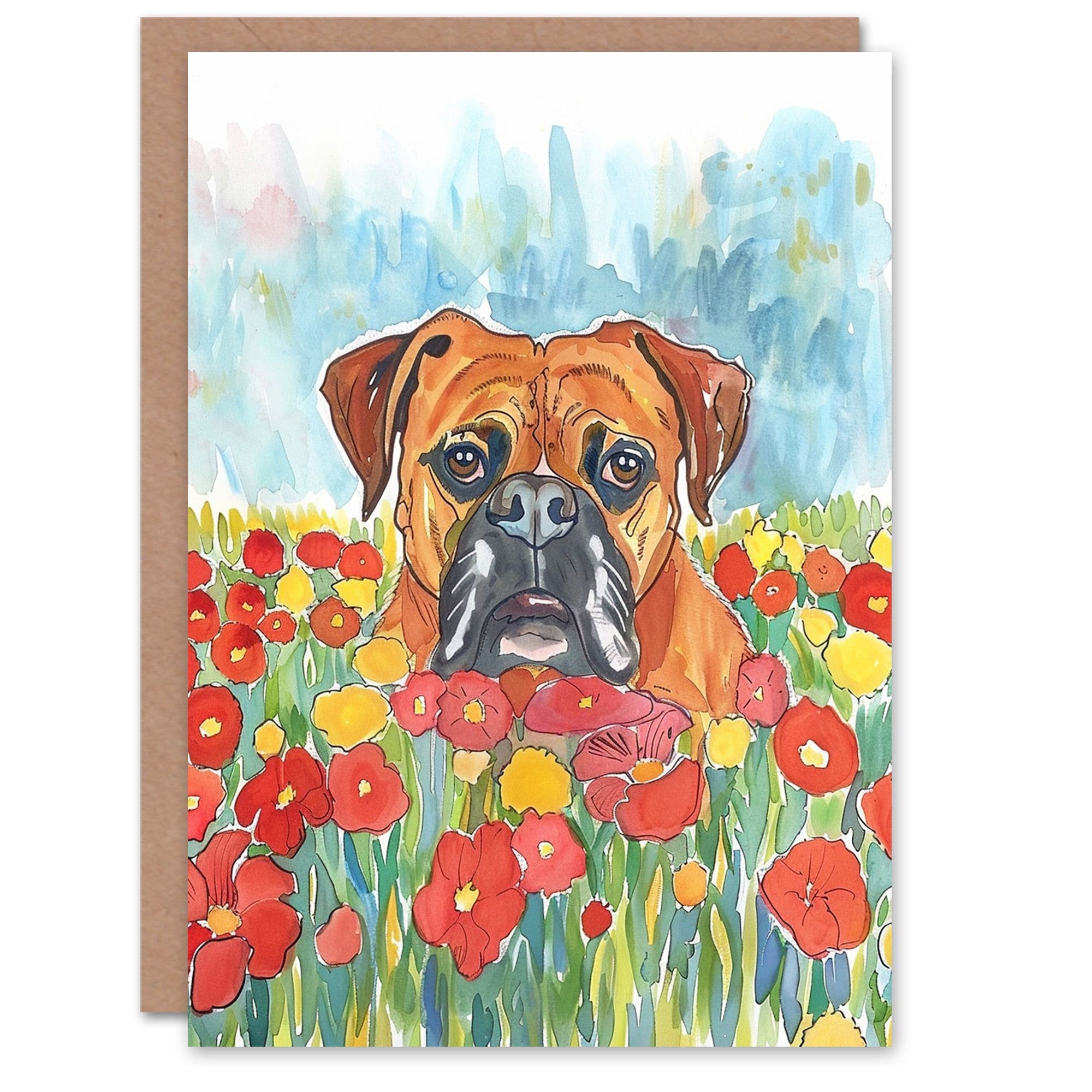 Dog Lover Pet Boxer Flower Field Watercolour Birthday Card