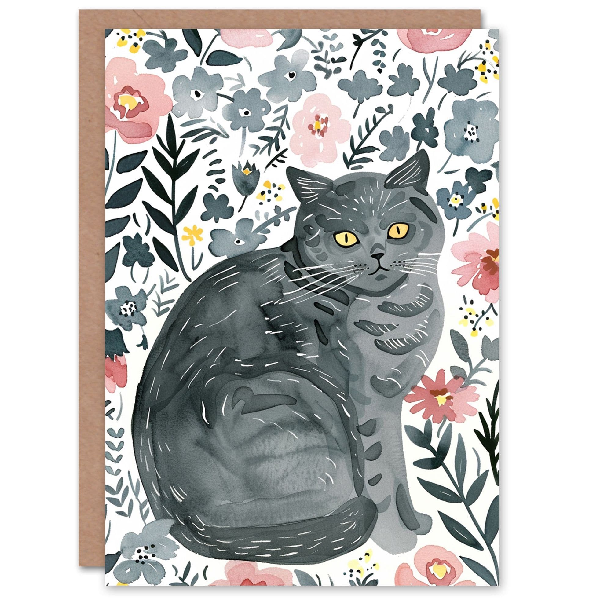 Artery8 Women's British Shorthair Cat Lover Floral Pet Portrait Birthday Card in Grey