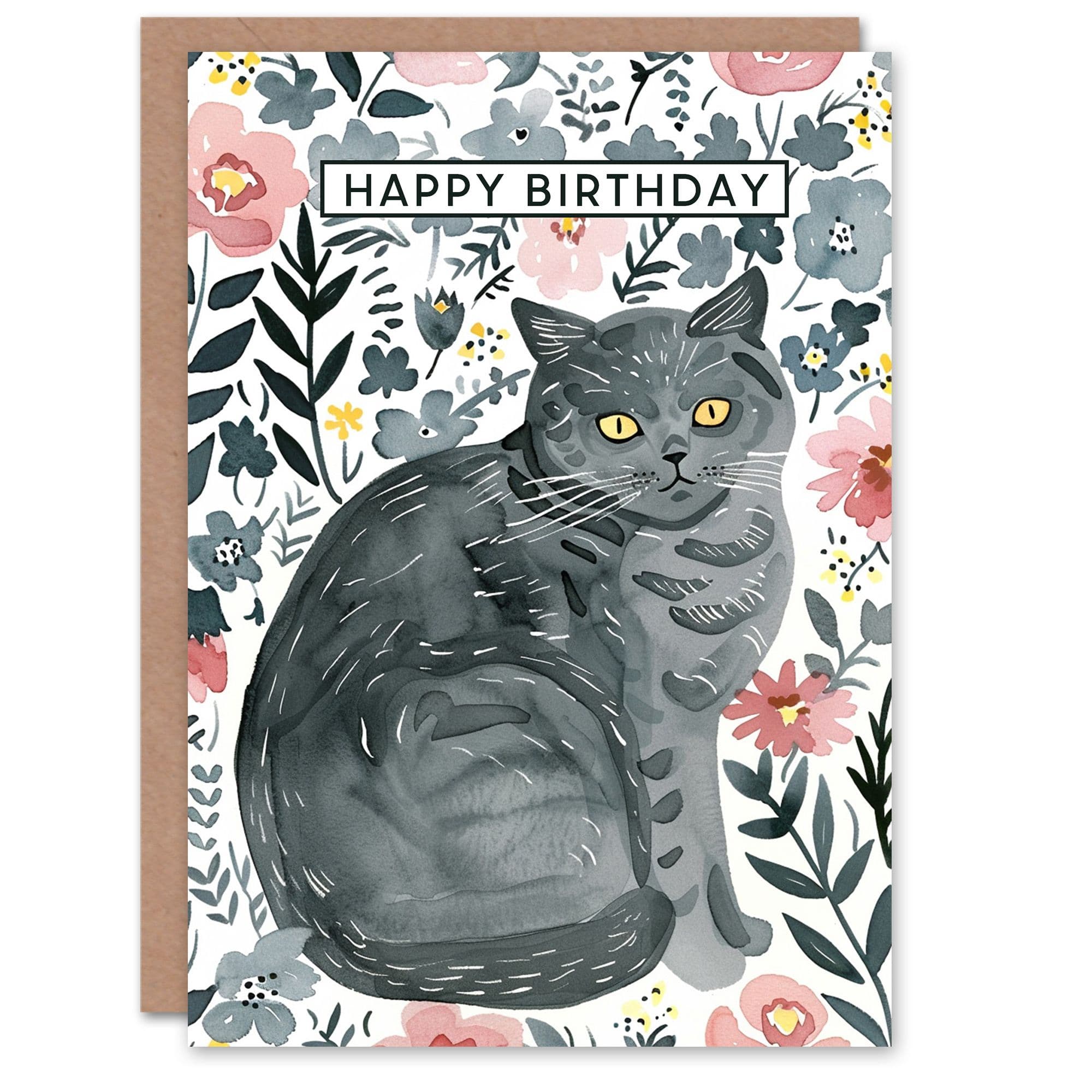 Artery8 Women's Rustic Floral Pattern British Shorthair Cat Lover Birthday Card in Grey