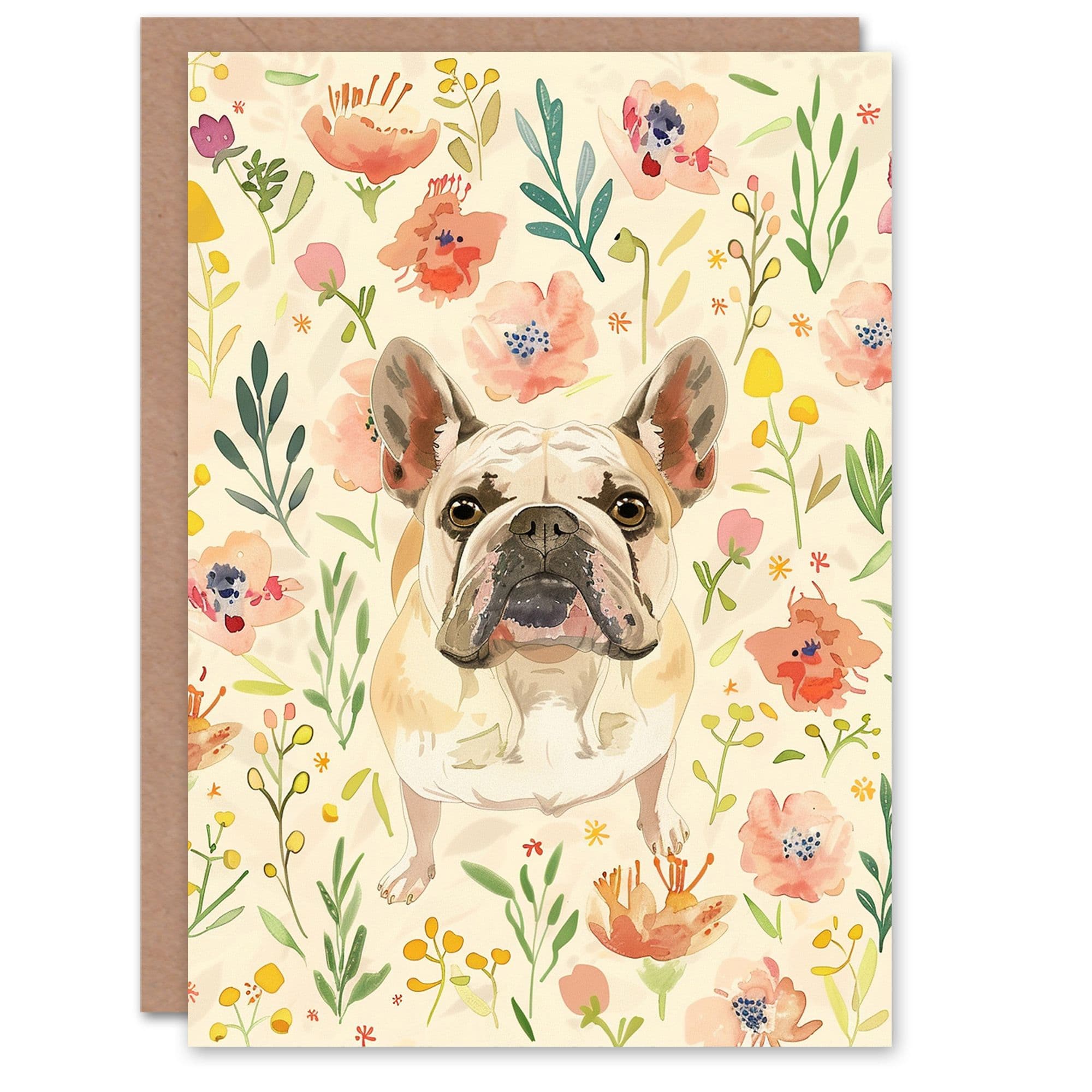 Artery8 Women's Dog Lover Bulldog Rustic Floral Pastel Portrait Birthday Card in Beige